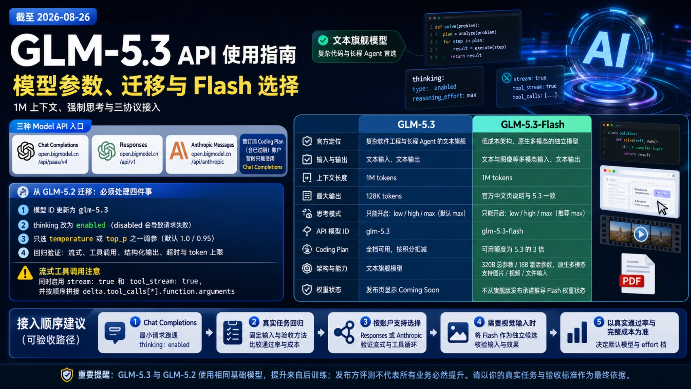 GLM-5.3 API 中文使用指南封面,汇总三协议入口、从 5.2 迁移步骤、旗舰版与 Flash 模型合同和可验收接入顺序