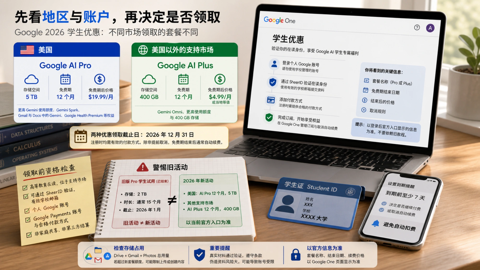 书桌上的 Google One 学生优惠判断图,展示地区与账户检查、Pro 和 Plus 差异以及旧活动警示