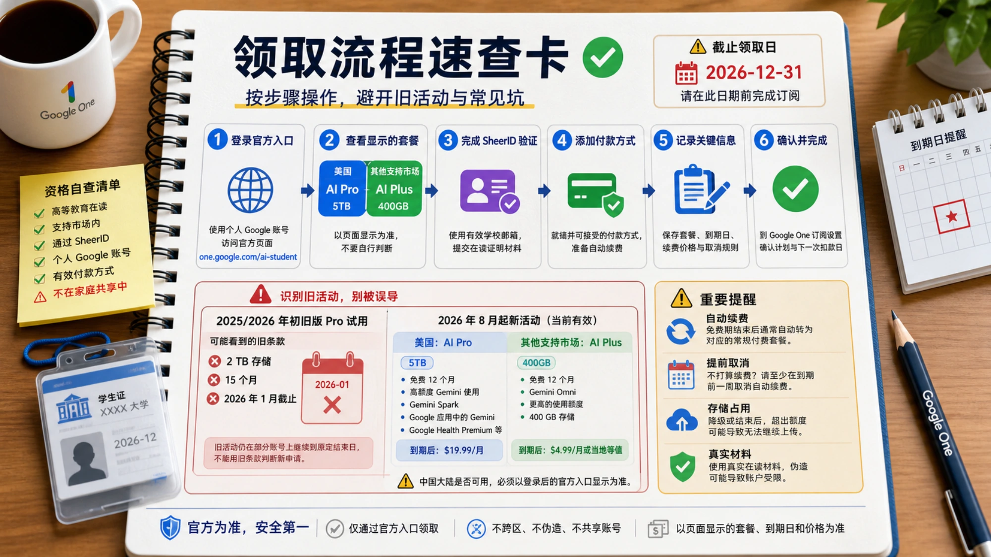 Google 学生优惠领取流程速查卡,包含官方入口、套餐确认、SheerID、付款方式、关键信息记录和到期提醒