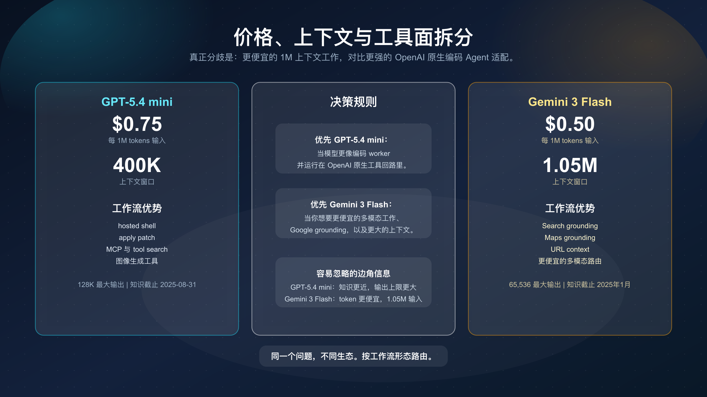 对比 GPT-5.4 mini 与 Gemini 3 Flash 在价格、上下文和工具面上的信息板