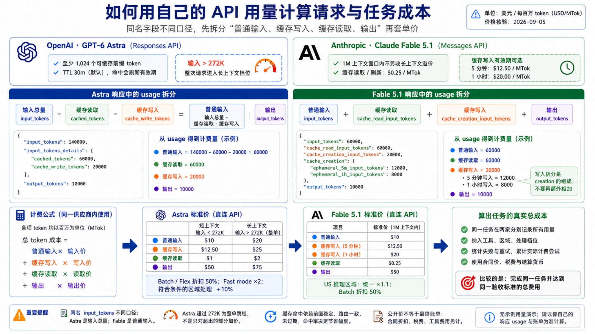 对照两家 API 响应中的用量字段,分别计算普通输入、缓存读写和输出的示意图