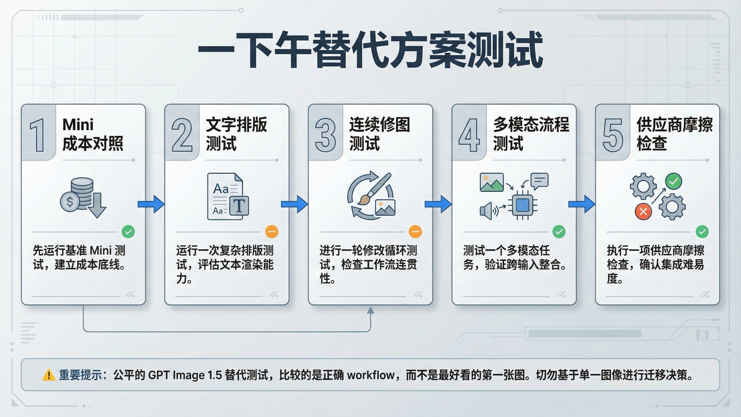 五步流程图展示如何按成本、排版、连续修图、多模态工作流和供应商摩擦来测试 GPT Image 1.5 替代路线