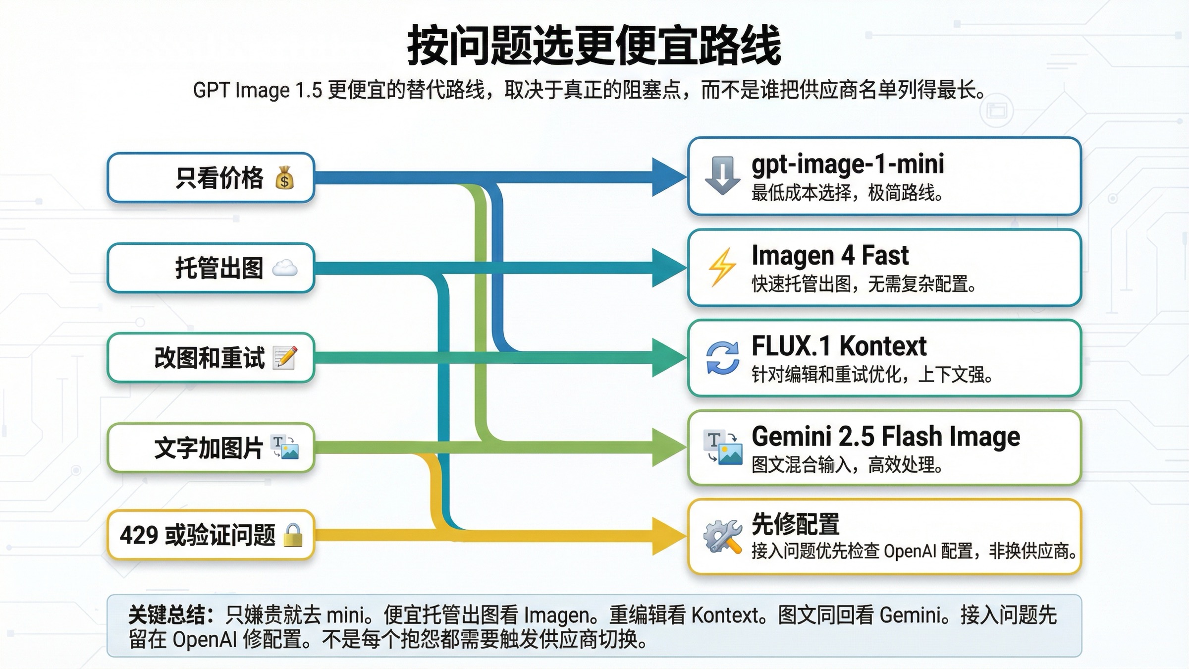 路线图将价格抱怨和工作流阻塞分别对应到 gpt-image-1-mini、Imagen 4 Fast、FLUX.1 Kontext、Gemini 2.5 Flash Image，或先留在 OpenAI 修好配置