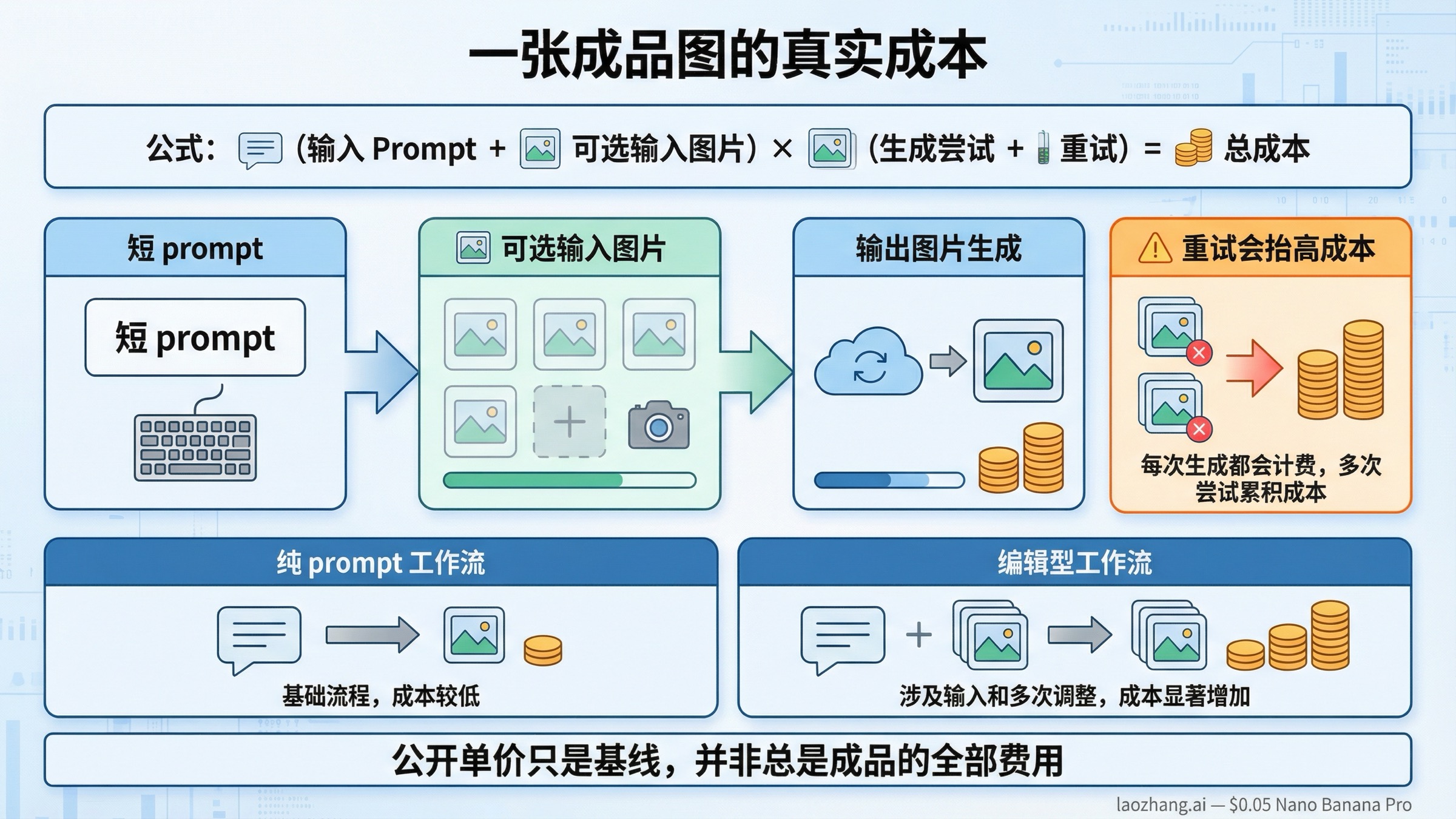 展示短 prompt、可选参考图、输出图片生成与重试如何共同组成一张 GPT Image 1.5 成品图真实成本的流程图