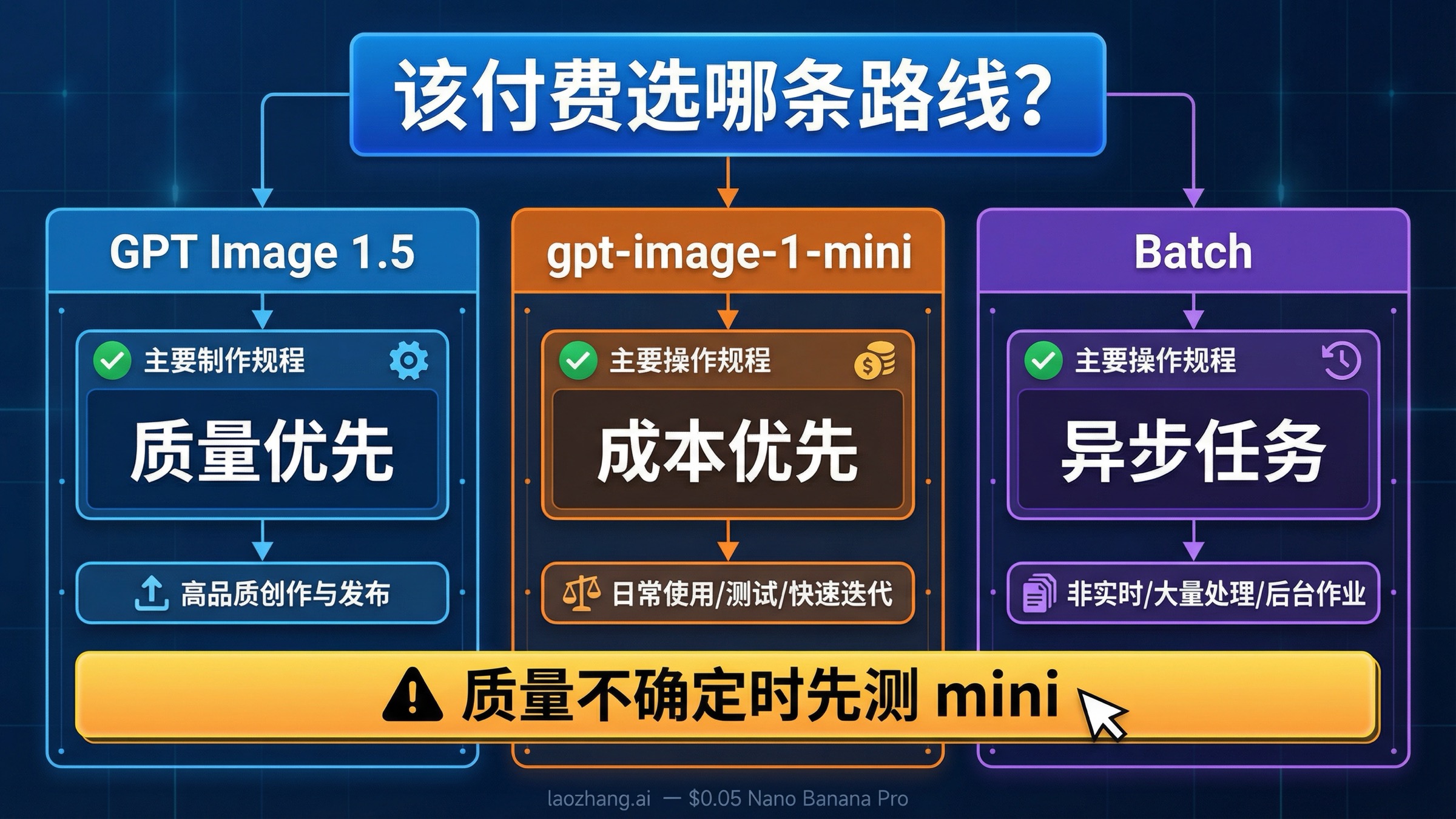 比较 GPT Image 1.5、gpt-image-1-mini 与 Batch 适用场景的决策看板