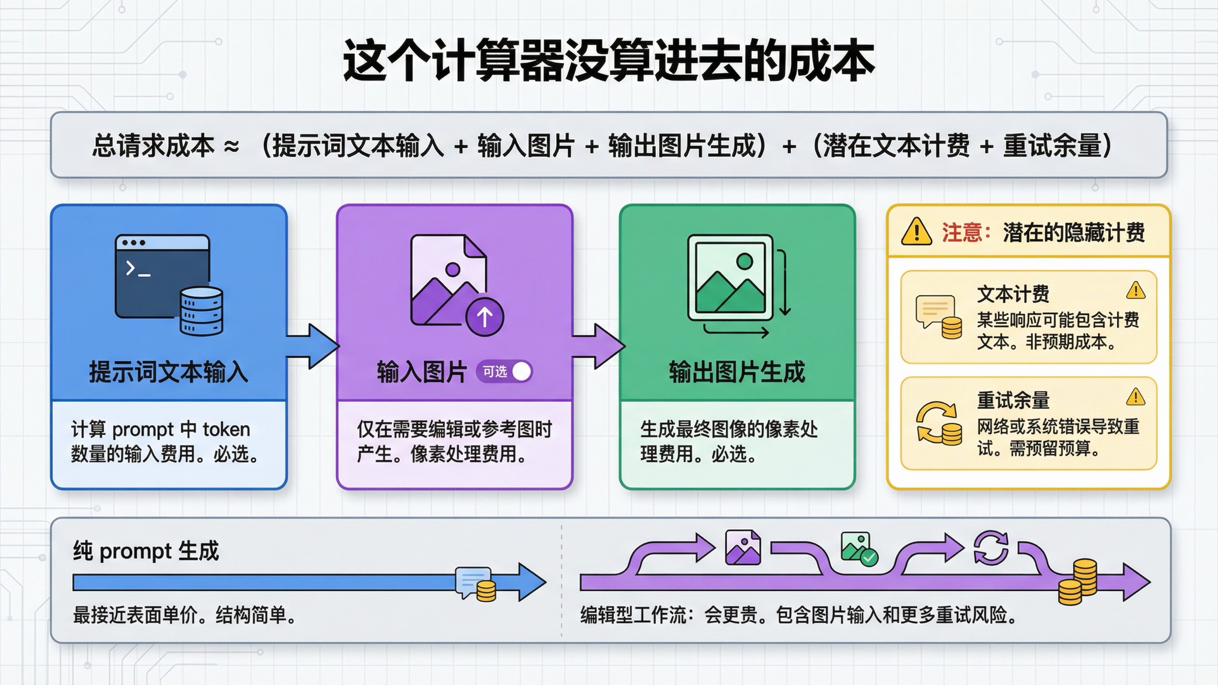 展示 GPT Image 1.5 请求成本由提示词文本、输入图片、输出图片和重试余量组成的成本结构图
