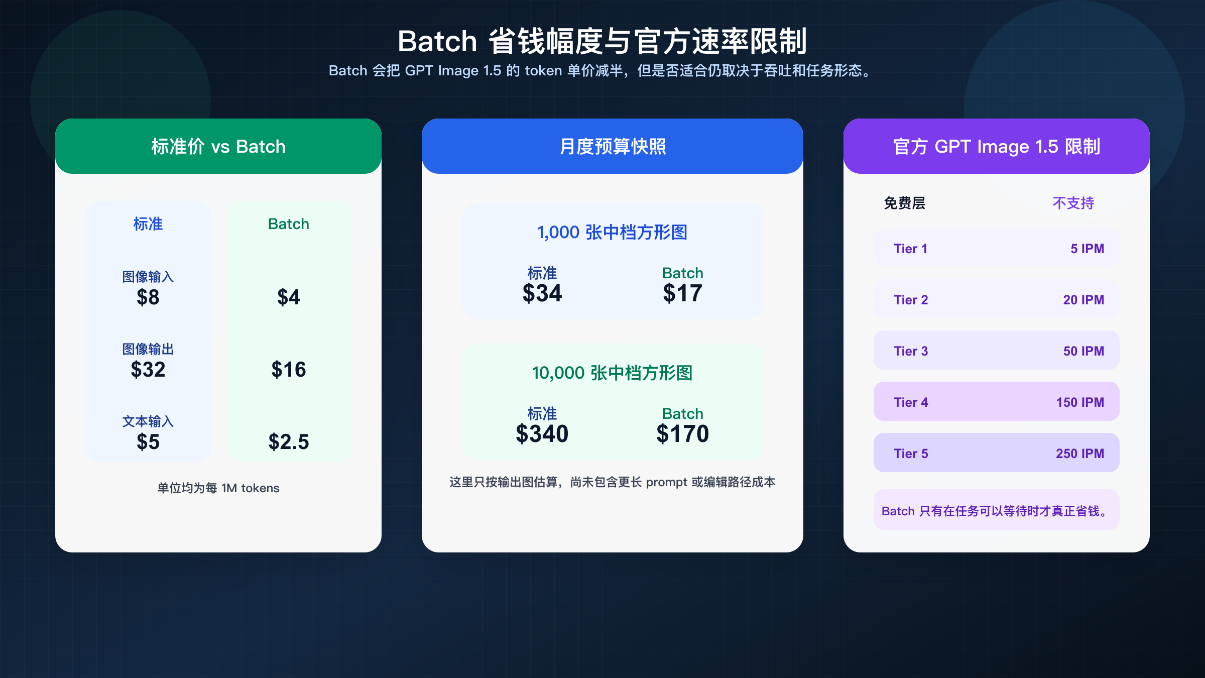预算与限制面板:对比 GPT Image 1.5 标准价与 Batch 价格,展示 1,000/10,000 张图片预算,以及官方 Tier 1 到 Tier 5 的 IPM 限制