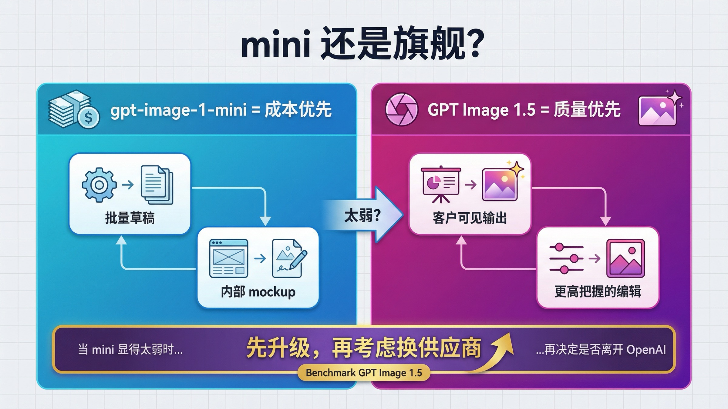 展示 gpt-image-1-mini 是 cost-first 路线而 GPT Image 1.5 是 quality-first 升级路线的双栏对比图