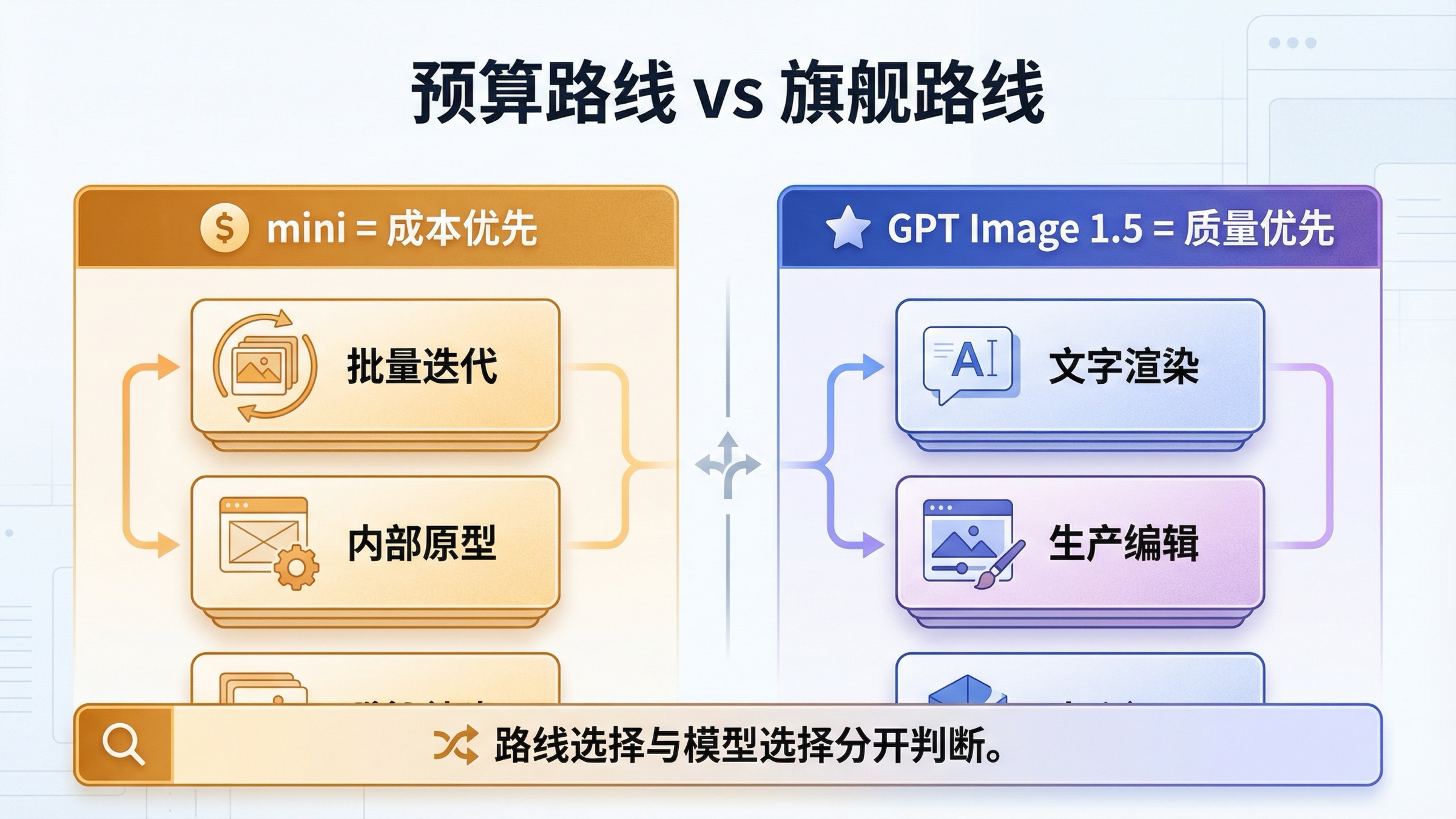 展示什么时候该把 gpt-image-1-mini 当作成本优先路线,什么时候该改看 GPT Image 1.5 的选型图。