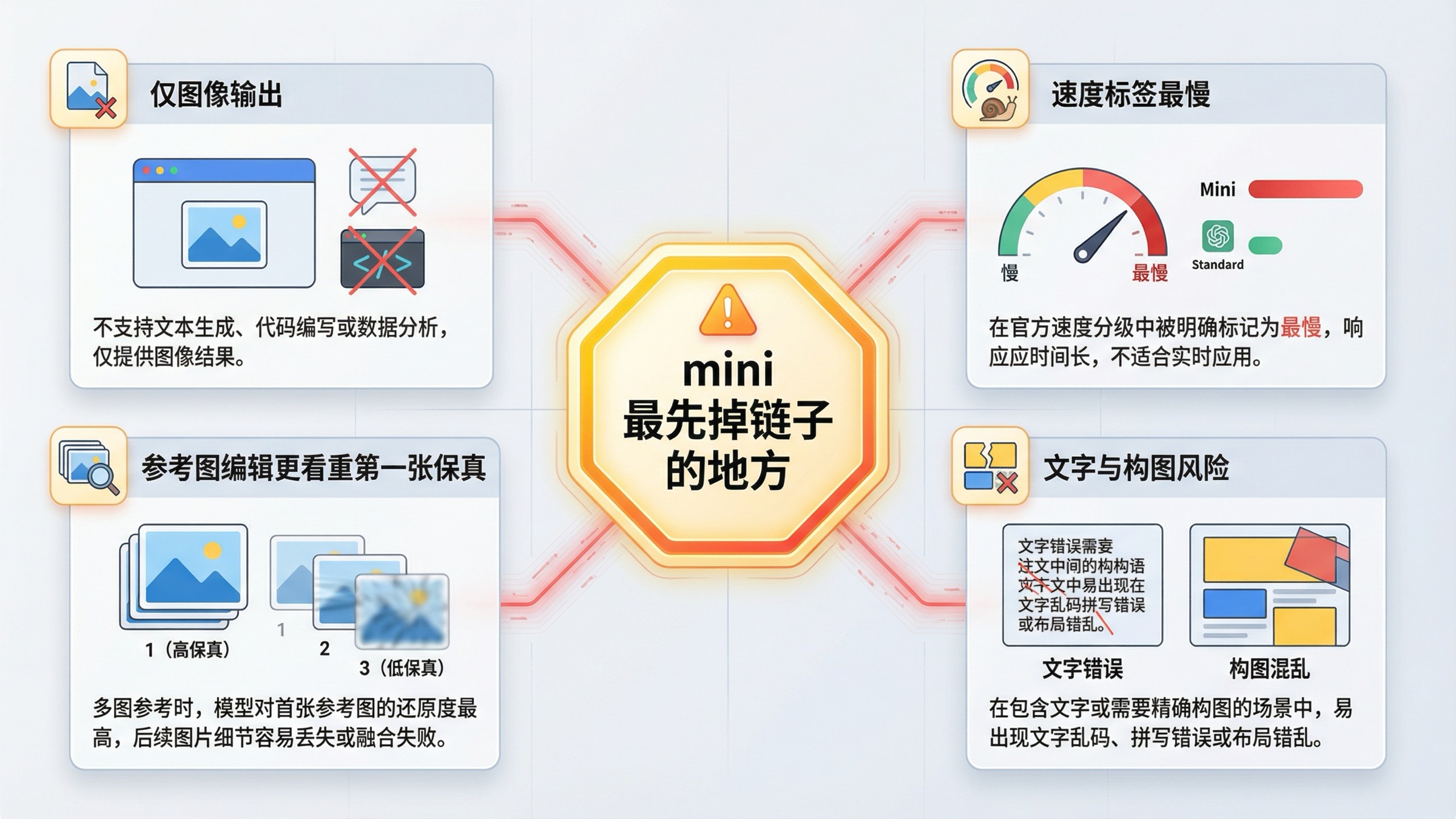 展示 GPT Image 1 Mini 在 image-only 输出、速度标签、多图参考保真和版式风险上的主要短板图