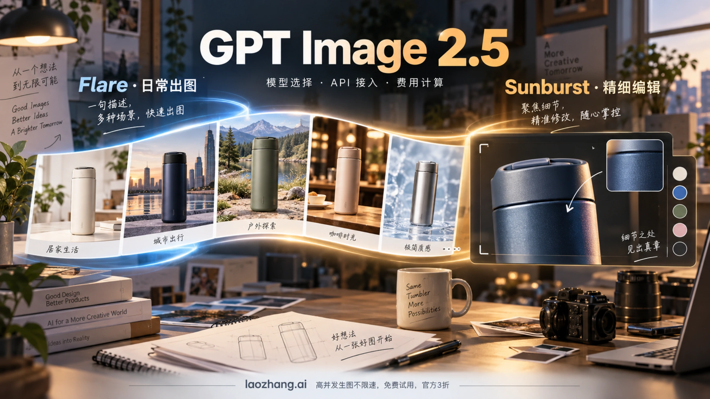 GPT Image 2.5 的日常出图与保温杯局部编辑概念插画
