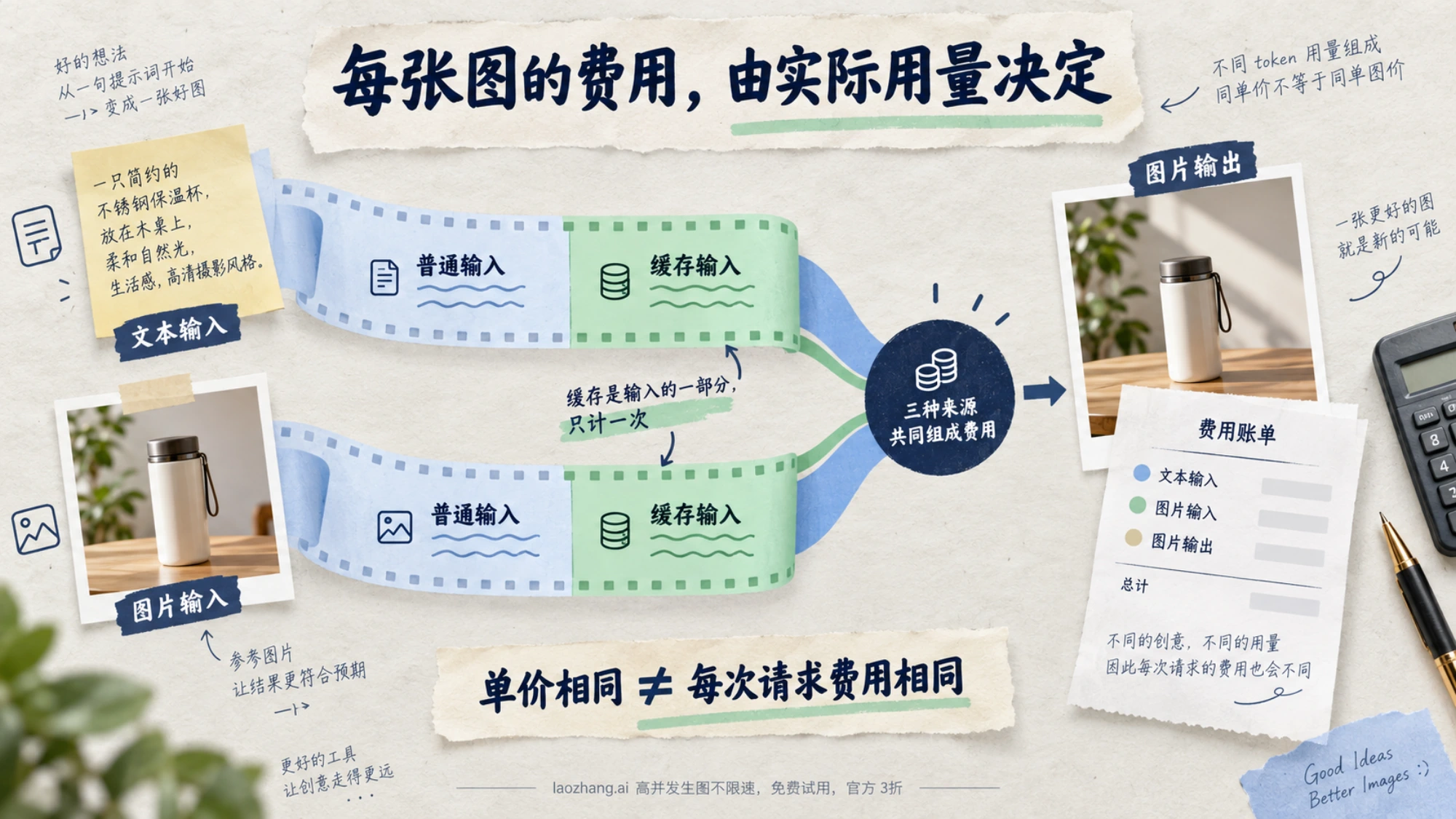 文字提示词、参考图片和输出图片共同形成费用的示意插画