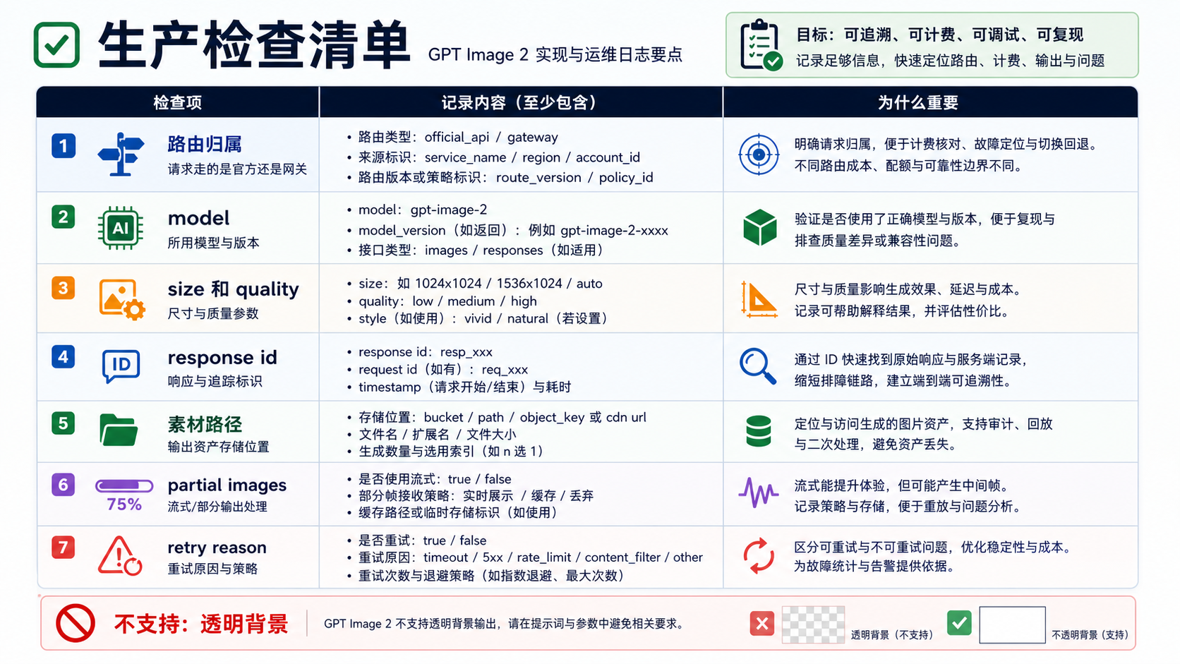 生产记录清单图，列出 route、model、quality、size、output id、storage、retry 和 unsupported features。