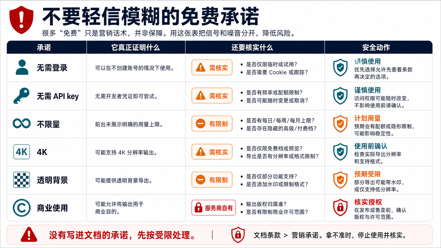核对免登录、免 API key、不限量、4K、透明背景和商用承诺的边界矩阵