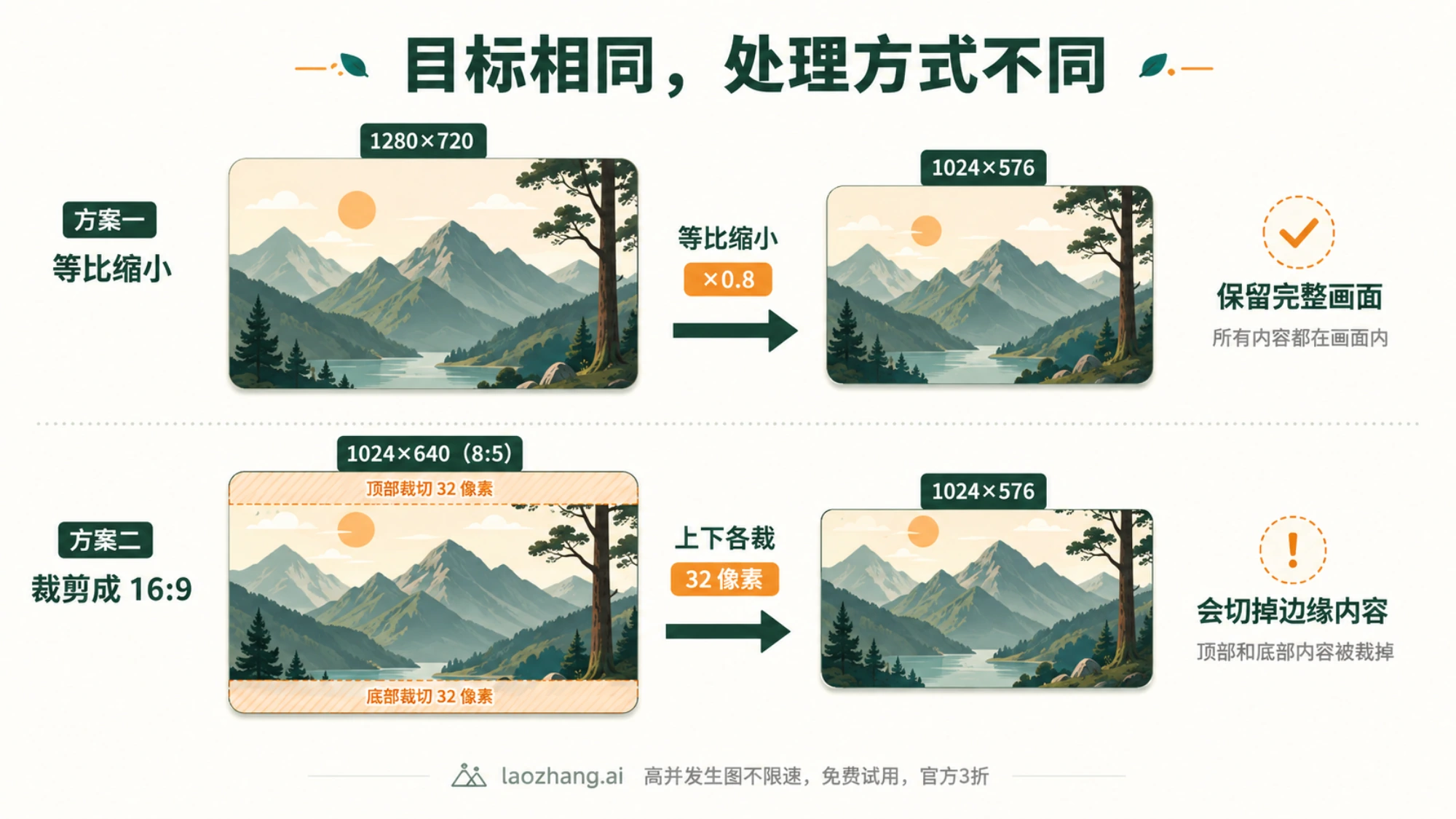 同一山景图片经过等比缩小或上下裁剪后的画面对照