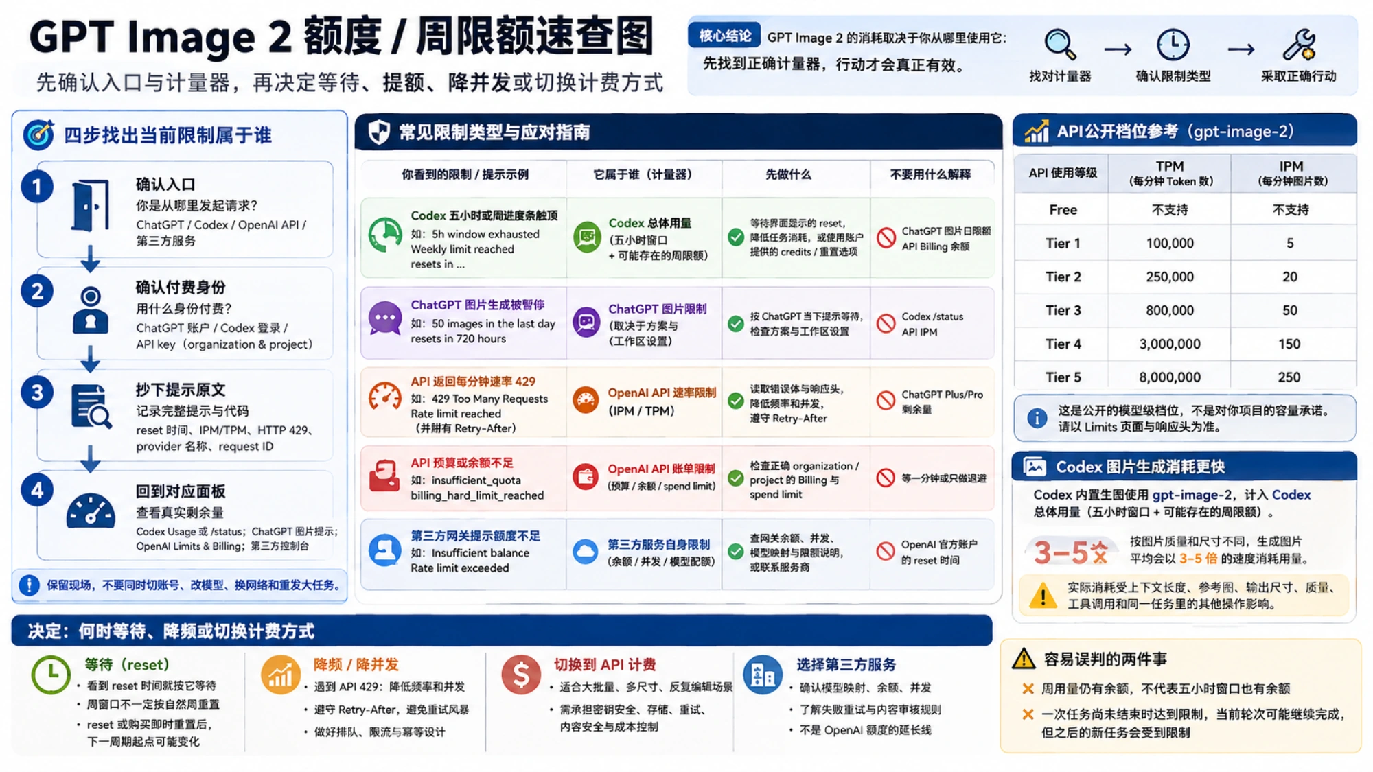 GPT Image 2 额度与周限额速查图，从确认入口、付费身份、提示原文到对应面板，匹配 Codex、ChatGPT、API 与第三方限制的处理动作。