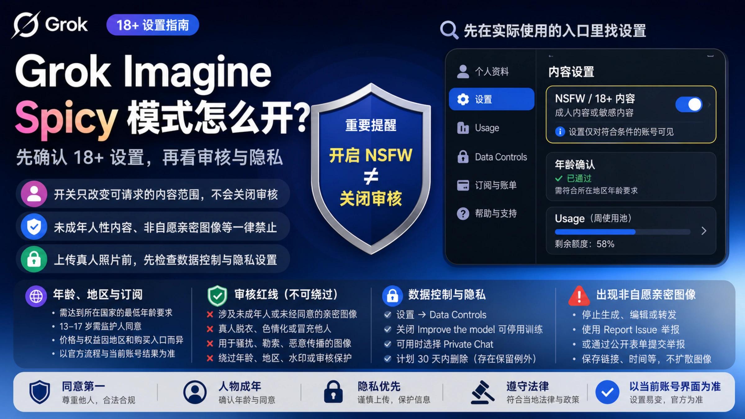 Grok Imagine Spicy 模式中文设置指南,说明 18+ 开关、持续审核、隐私、年龄地区订阅和举报