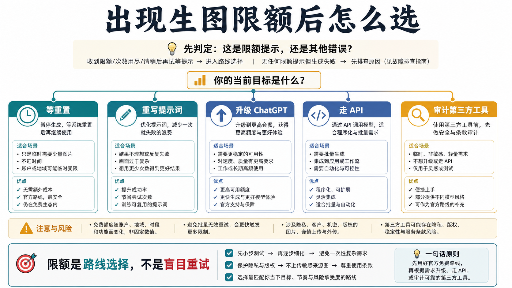 ChatGPT 出现生图限额后等待、改提示词、升级、走 API 或审计第三方工具的路线图。