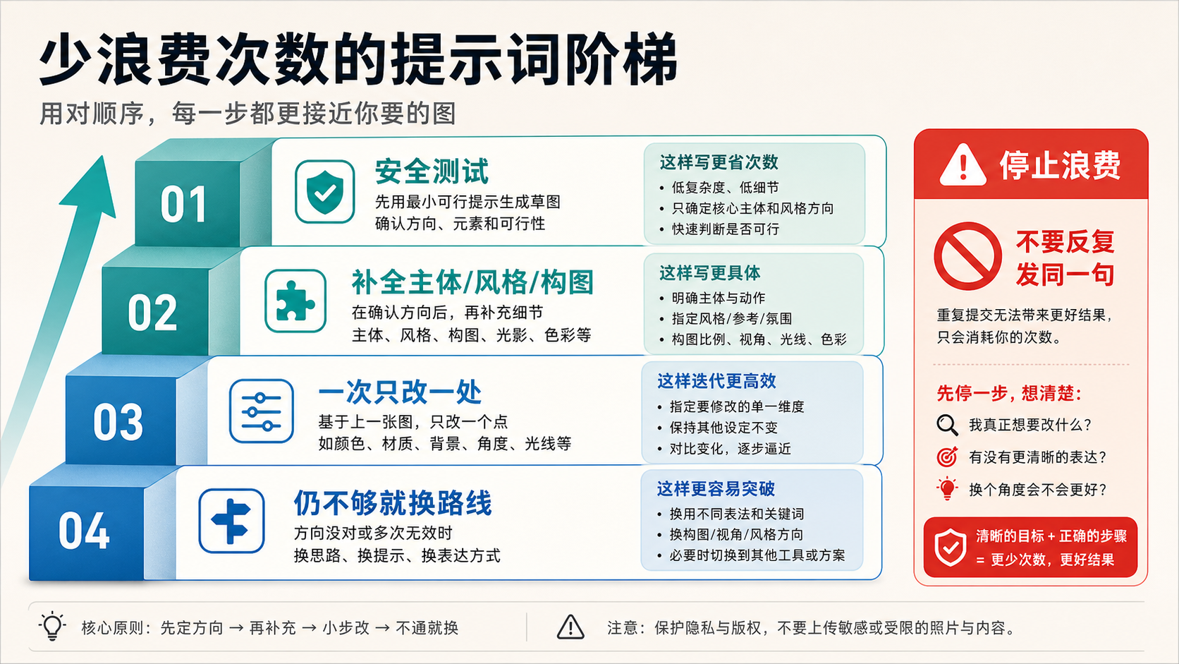 减少 ChatGPT 免费生图次数浪费的提示词阶梯。