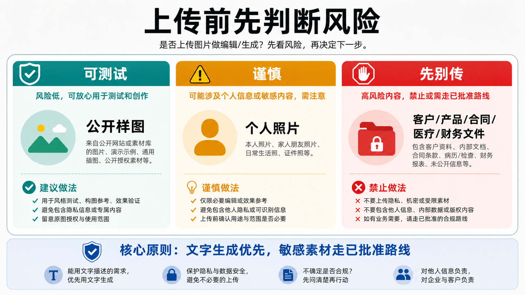 判断个人照片、客户素材和私密文件是否适合上传到 ChatGPT 的安全看板。