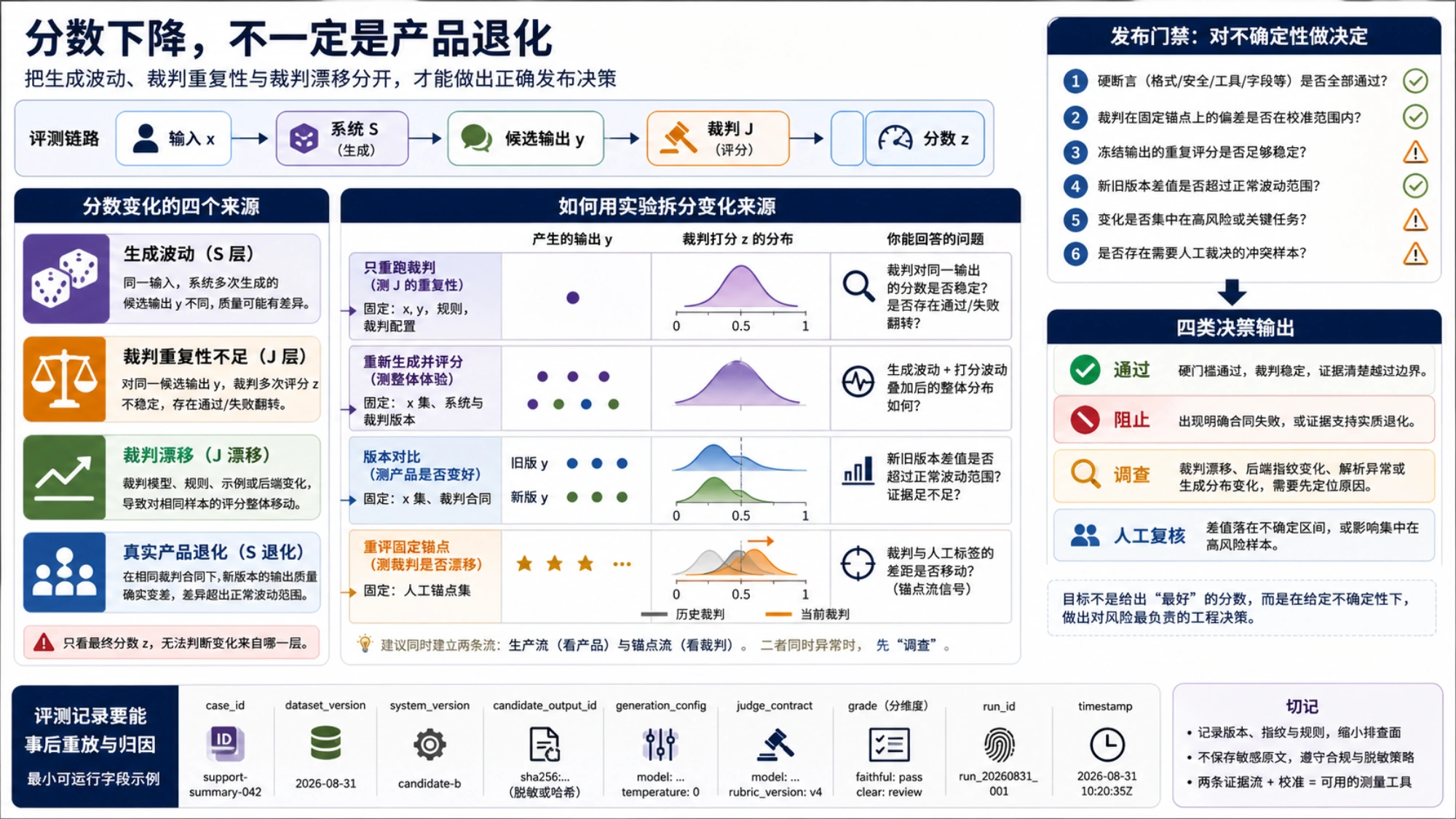分数下降归因图，区分生成波动、裁判重复性不足、裁判漂移和真实产品退化，并给出实验拆分与发布决策