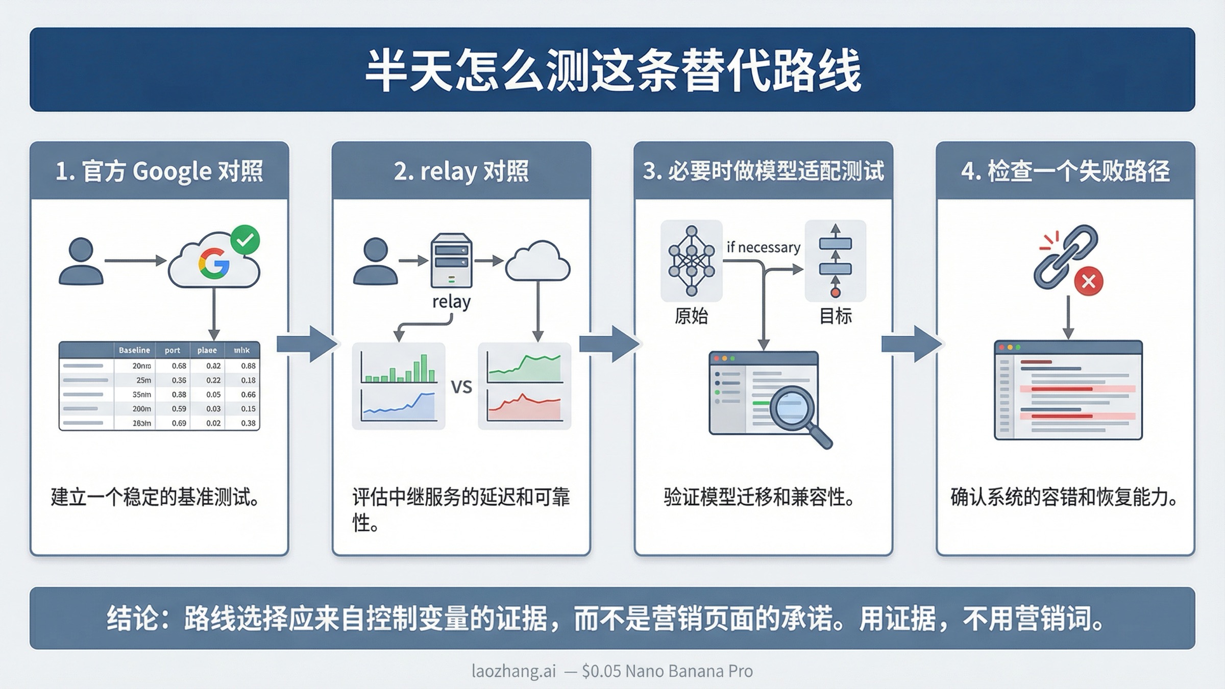 展示如何用 4 个步骤验证 Google 官方 Nano Banana 2 API、relay 路线和模型切换的基准测试流程图