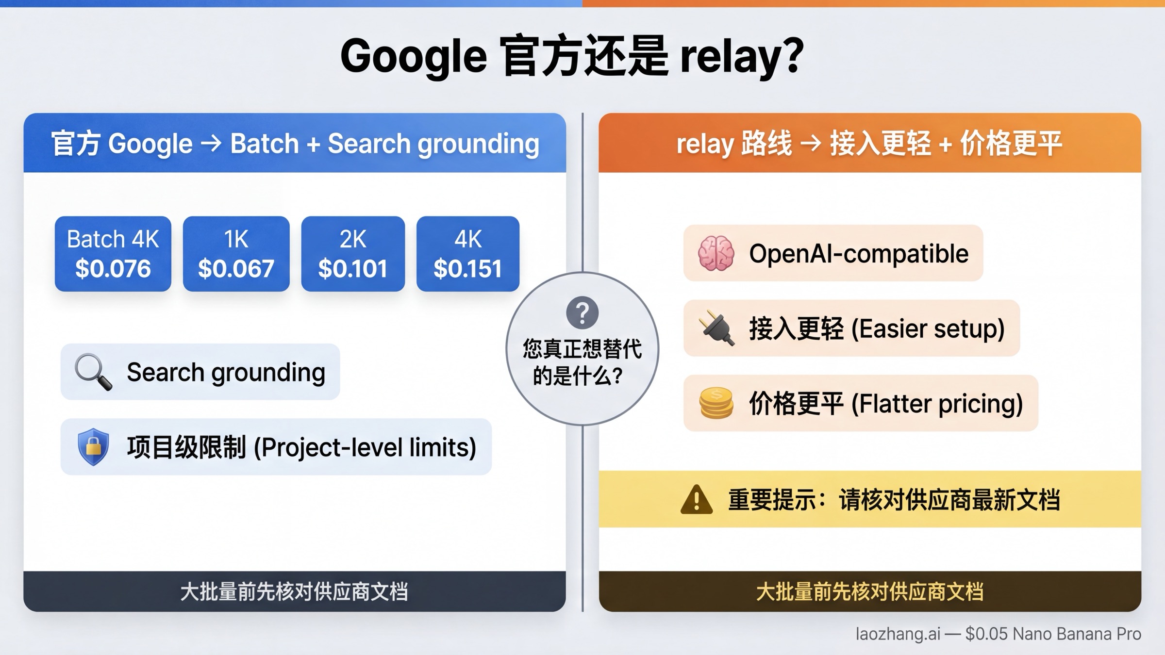 展示 Google 官方 Nano Banana 2 直连 API 什么时候比 relay 路线更合适、什么时候 relay 更合适的分栏对比图
