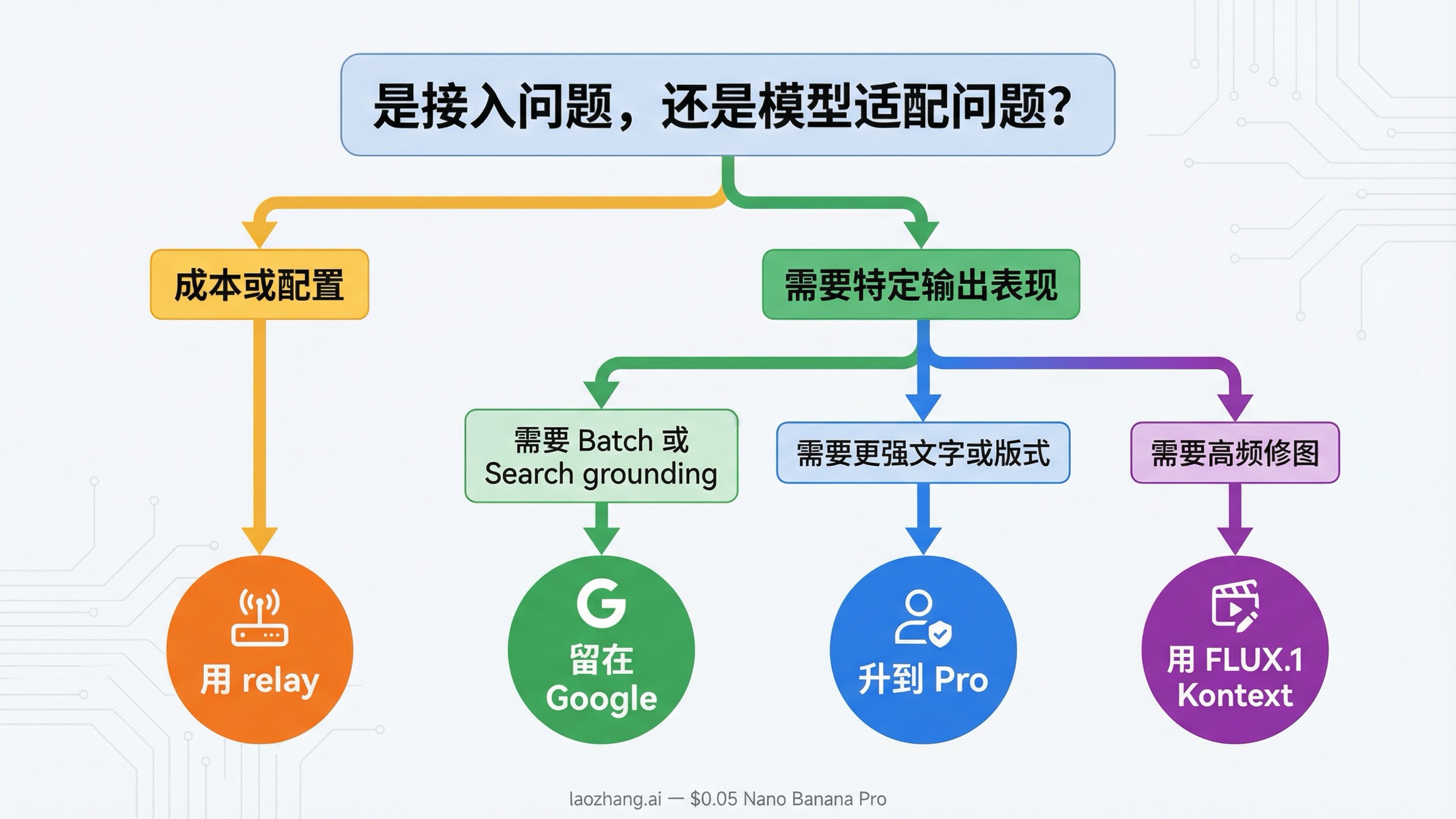 展示 Nano Banana 2 用户应该继续留在 Google、改走 relay、升级到 Nano Banana Pro,还是切换到 FLUX Kontext 的判断树