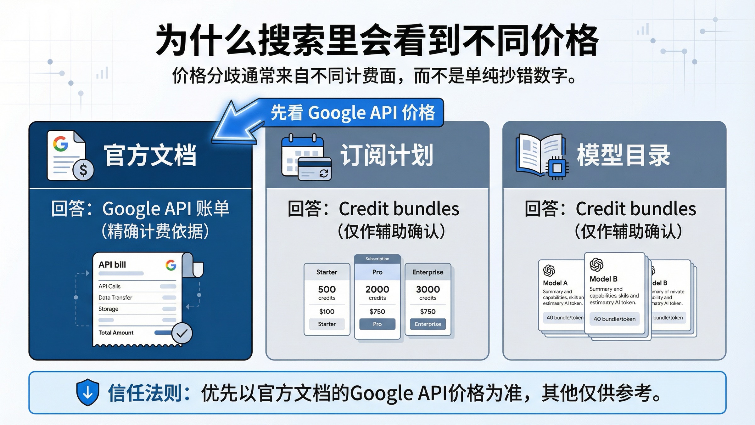 Nano Banana 2 SERP 噪音板，展示官方文档、订阅计划页和模型目录如何给出不同的价格信号