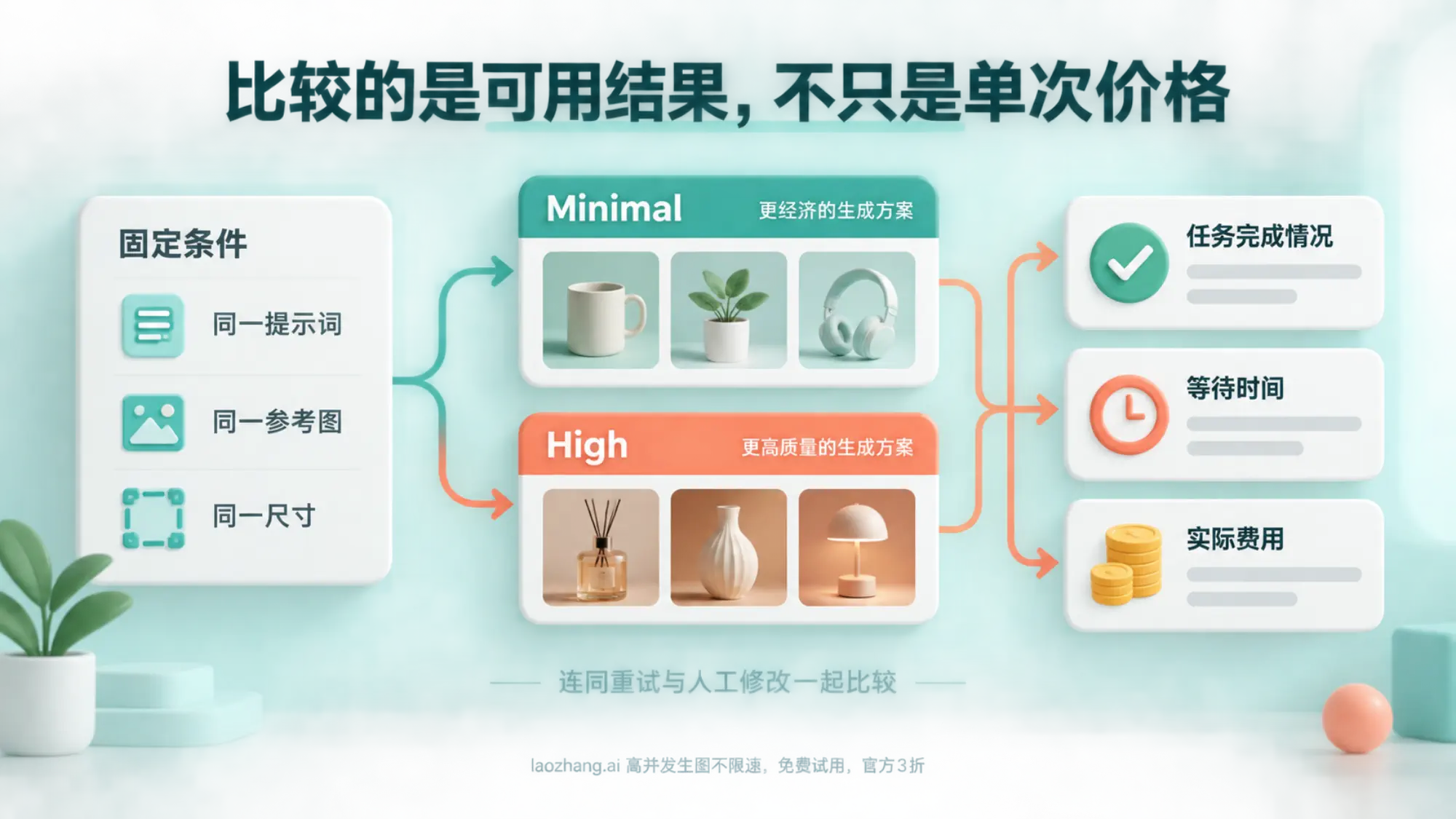 固定输入条件并比较 Minimal 与 High 的任务完成情况、等待时间和实际费用