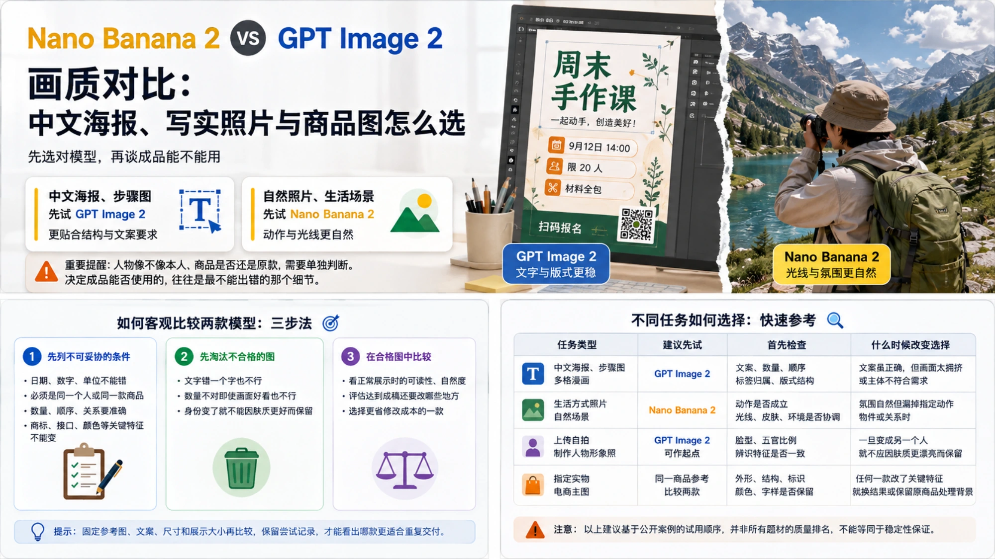 中文海报、自然照片、人物参考与实物商品的模型试用建议,以及先检查硬性条件再比较观感的三步方法