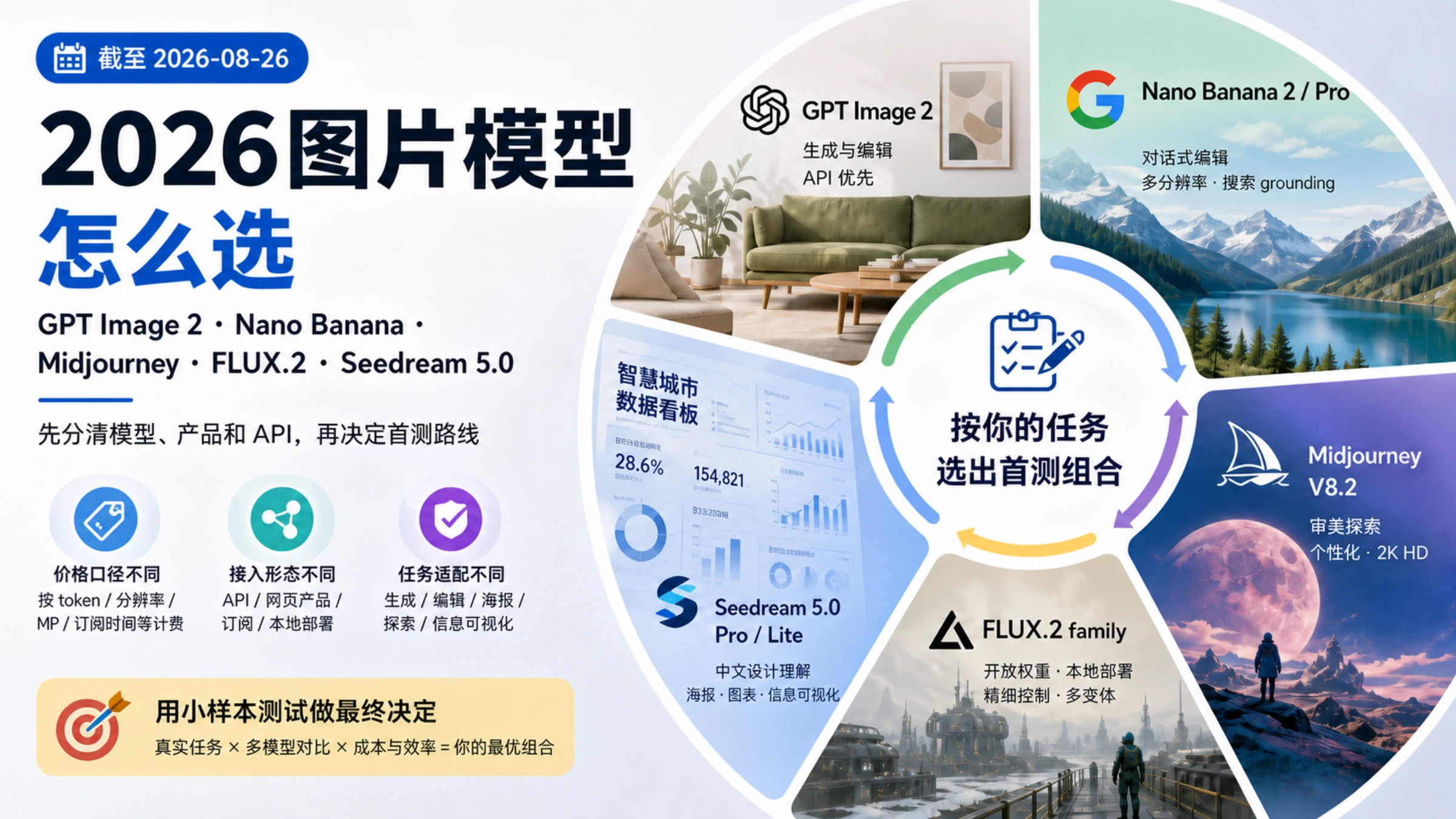 2026 图片模型选型封面：按任务比较 GPT Image 2、Nano Banana、Midjourney V8.2、FLUX.2 与 Seedream 5.0