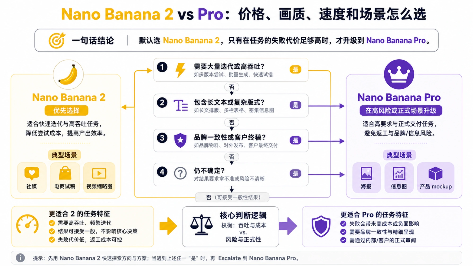 Nano Banana 2 先完成探索与批量生成，未通过文字、构图或一致性验收的候选再升级 Pro