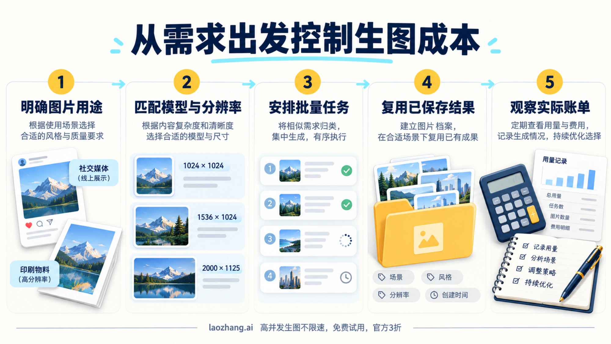 围绕输出需求选择模型和分辨率、复用结果并观察成本的优化流程