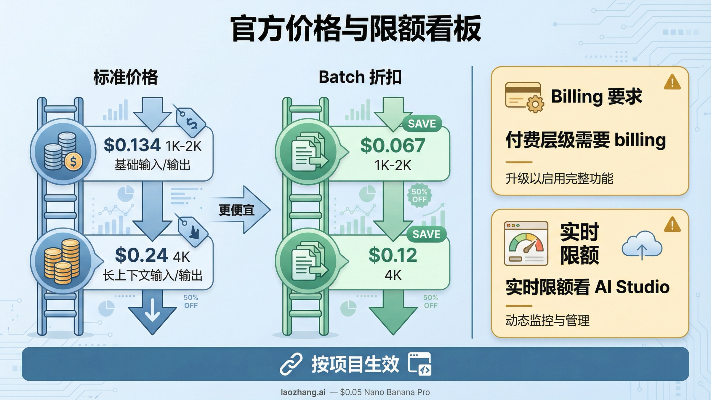 价格与限额信息图，展示官方 Nano Banana Pro API 价格、Batch 折扣、付费要求和 AI Studio 实时限额提示
