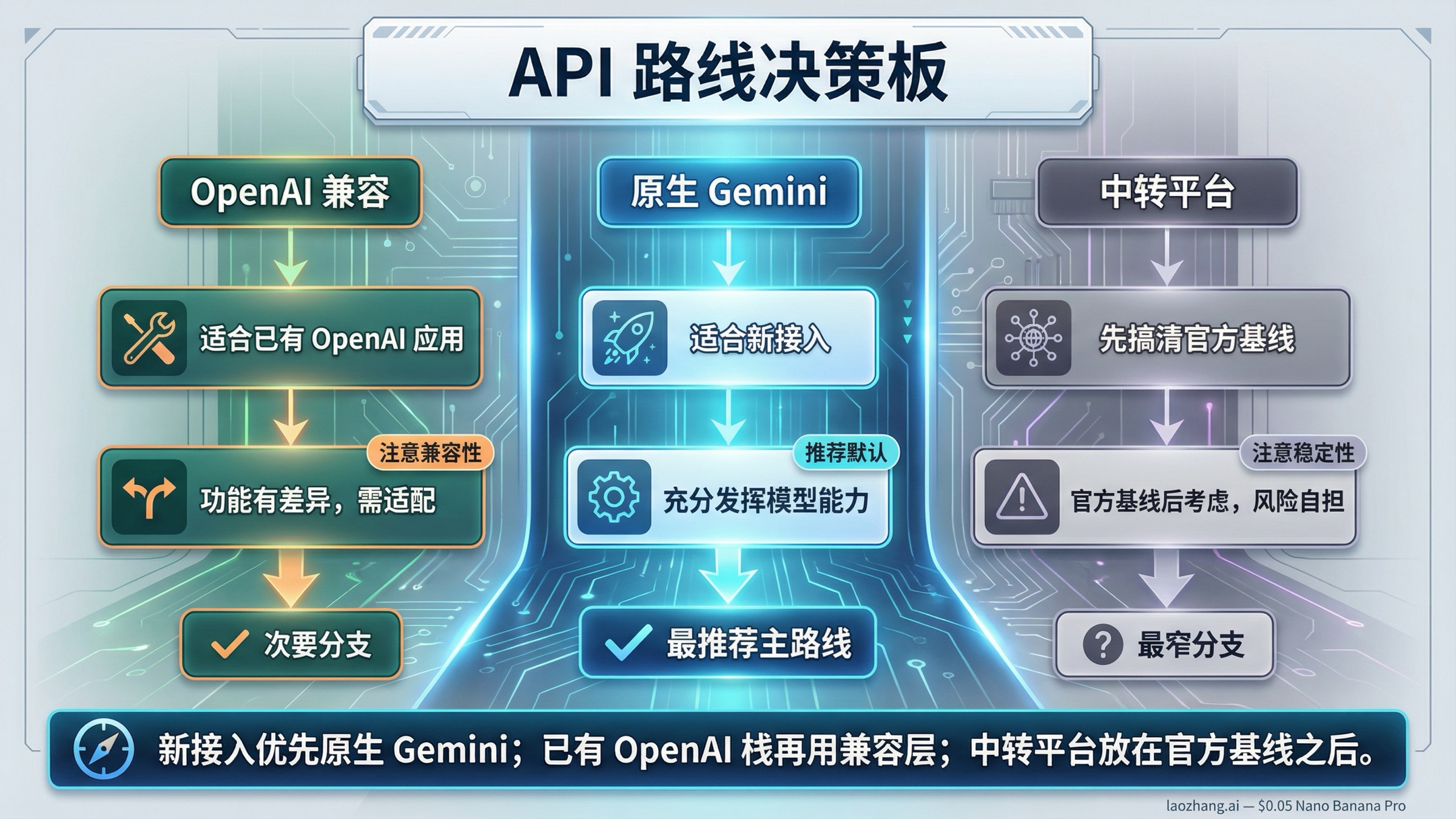 对比原生 Gemini 路线、OpenAI 兼容路线和中转平台接入方式的决策图