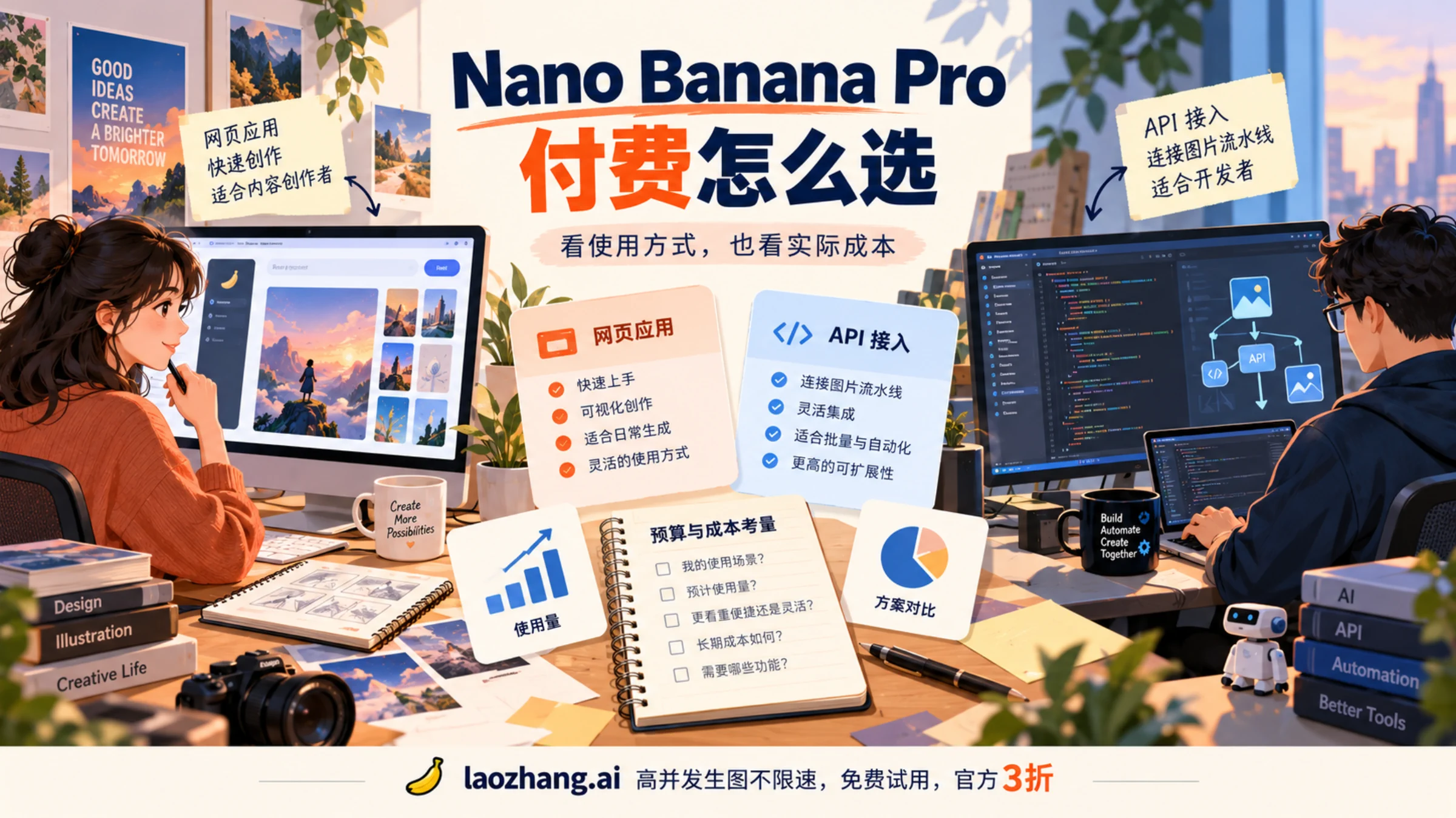 创作者和开发者比较网页应用、API 接入与预算的示意图