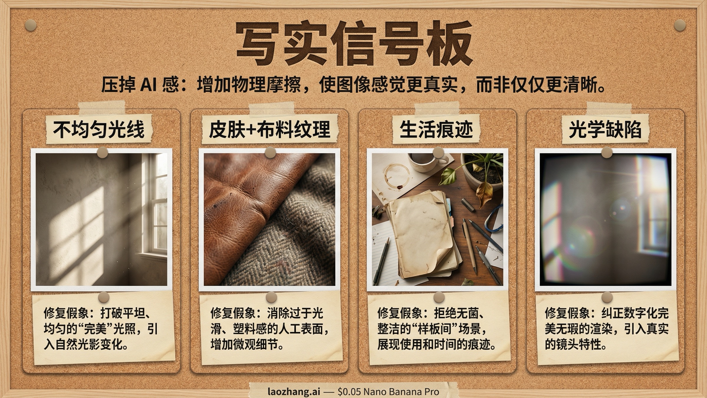 写实信号图，展示不均匀光线、材质纹理、生活痕迹和光学缺陷