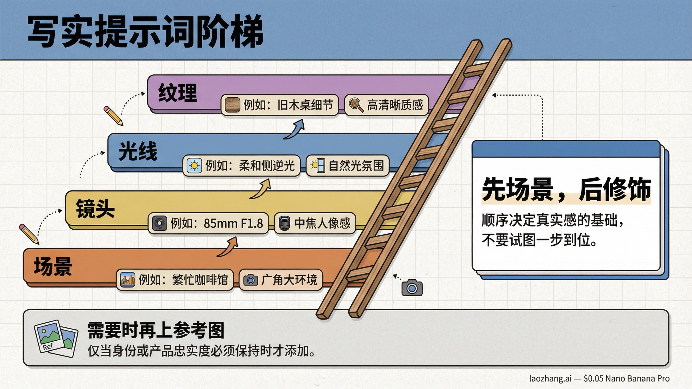 Nano Banana Pro 写实阶梯图，展示场景、镜头、光线、纹理与参考图顺序