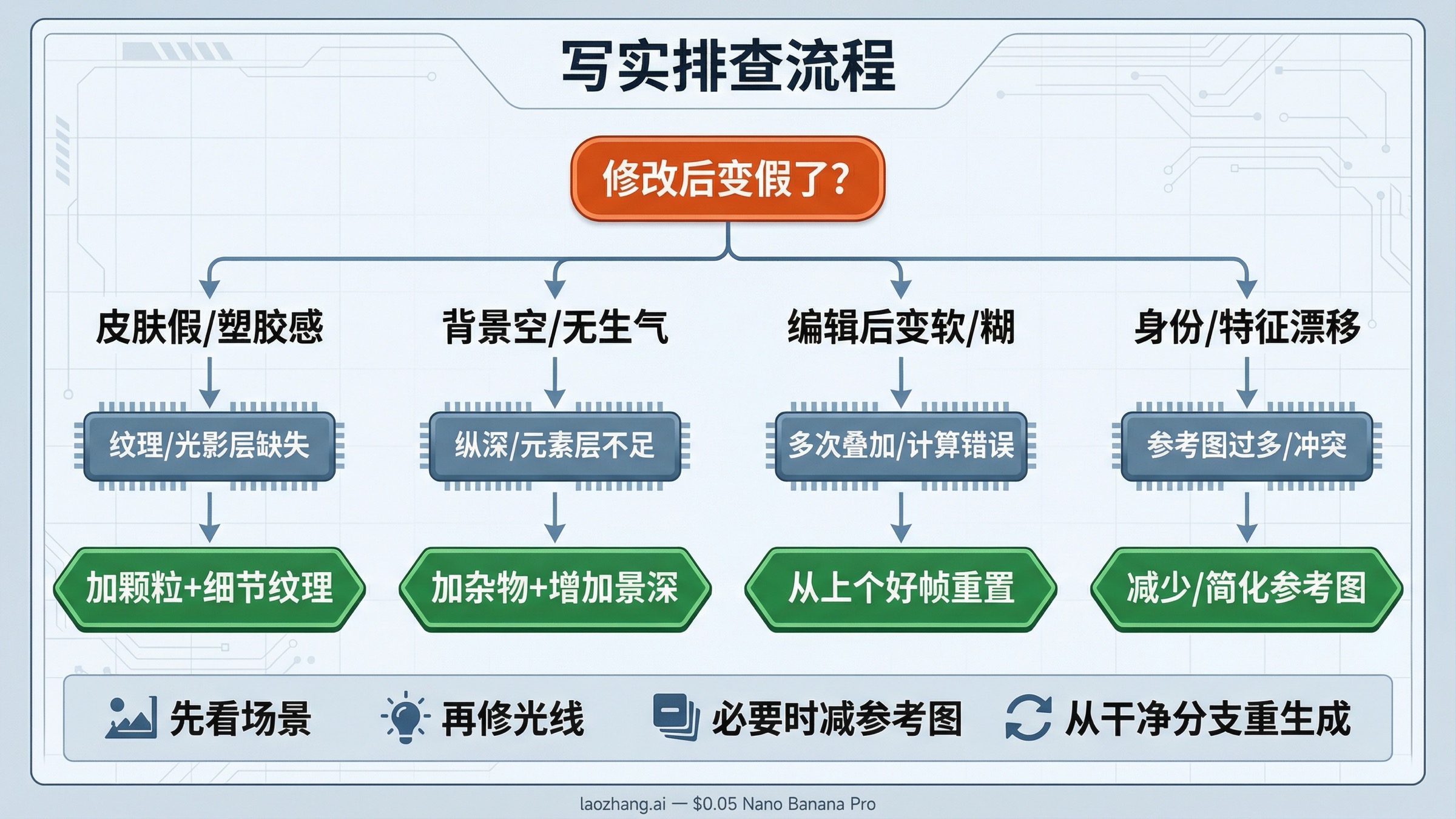 Nano Banana Pro 写实排查流程图，展示 edits 和换角度后的问题分流