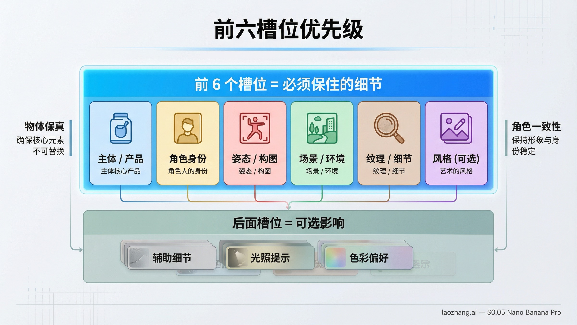 展示 Nano Banana Pro 参考图前六个高保真槽位该放哪些任务的槽位优先级图