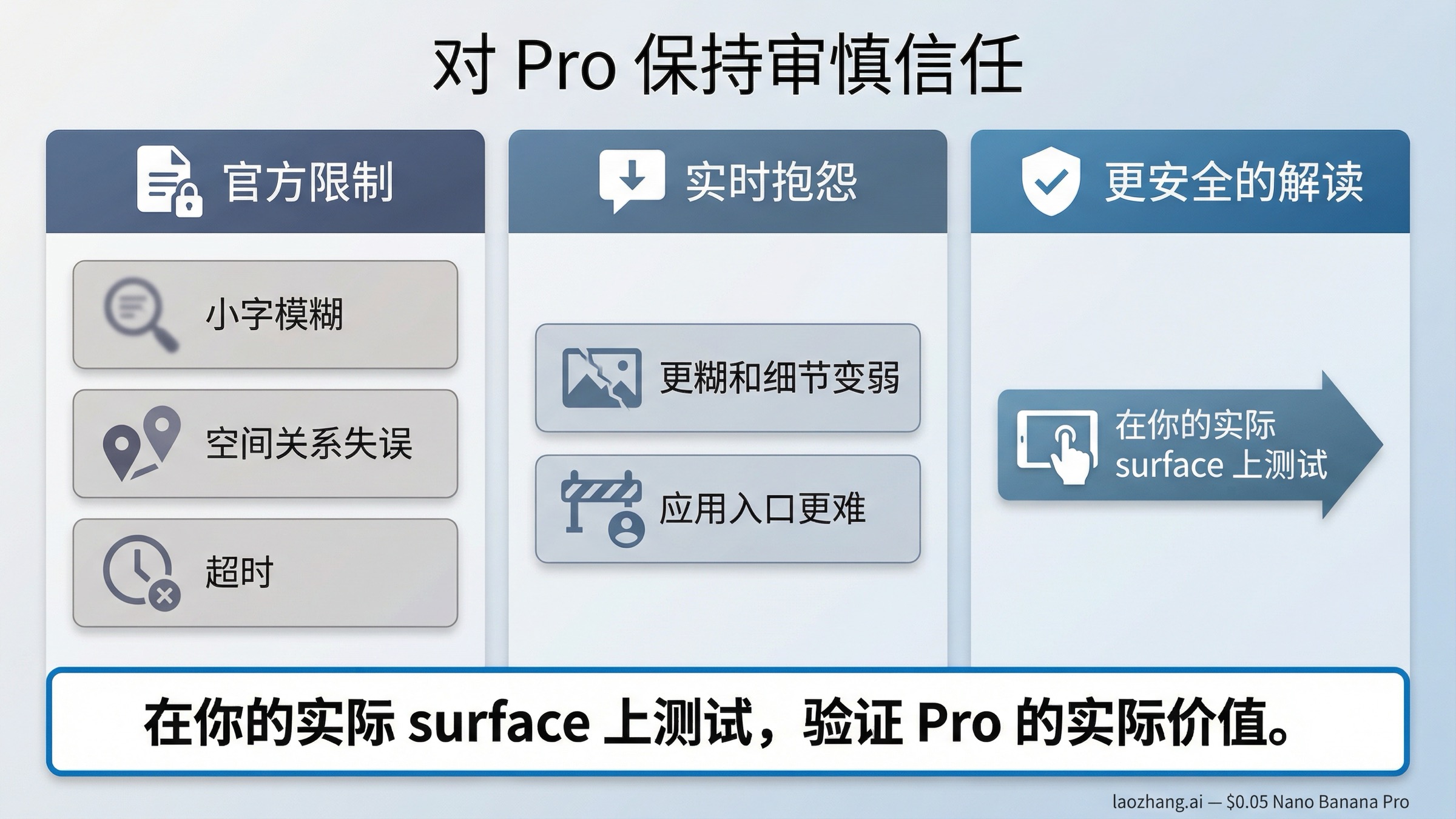 信任风险图,将 Nano Banana Pro 官方已知限制、社区实时抱怨,以及更安全的解读方式拆开显示