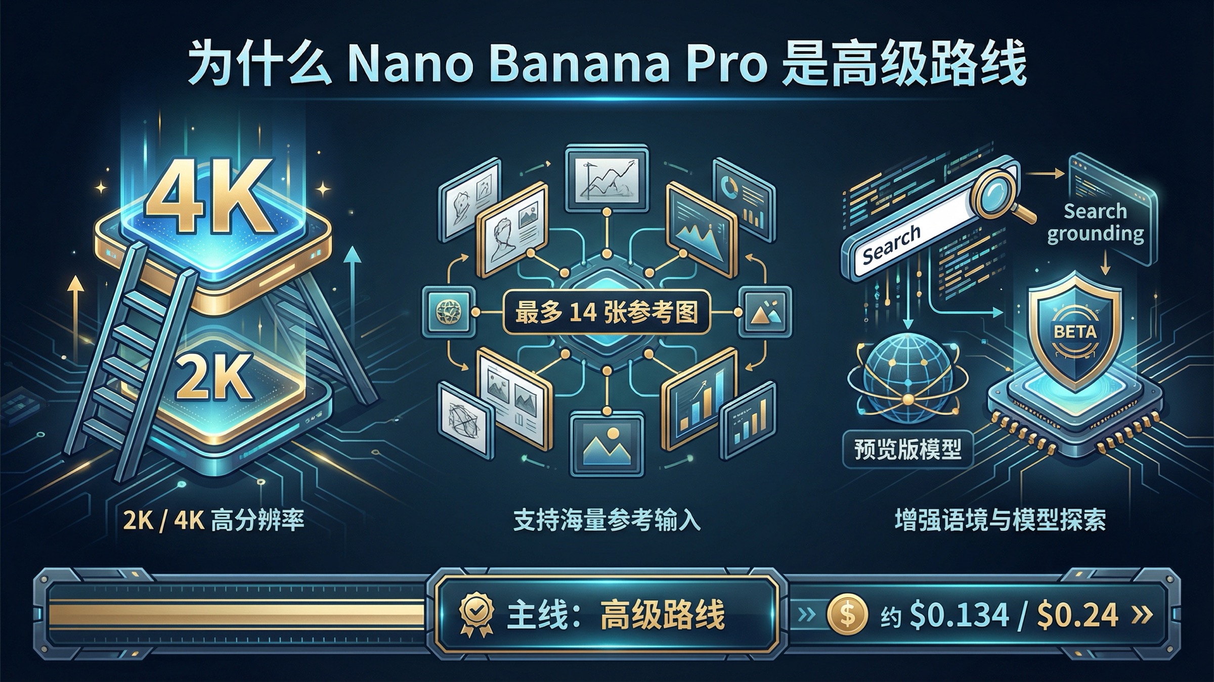 Nano Banana Pro 高级路线看板,展示 2K 与 4K 输出、最多 14 张参考图、Google Search grounding、预览版状态,以及更高的定价信号。
