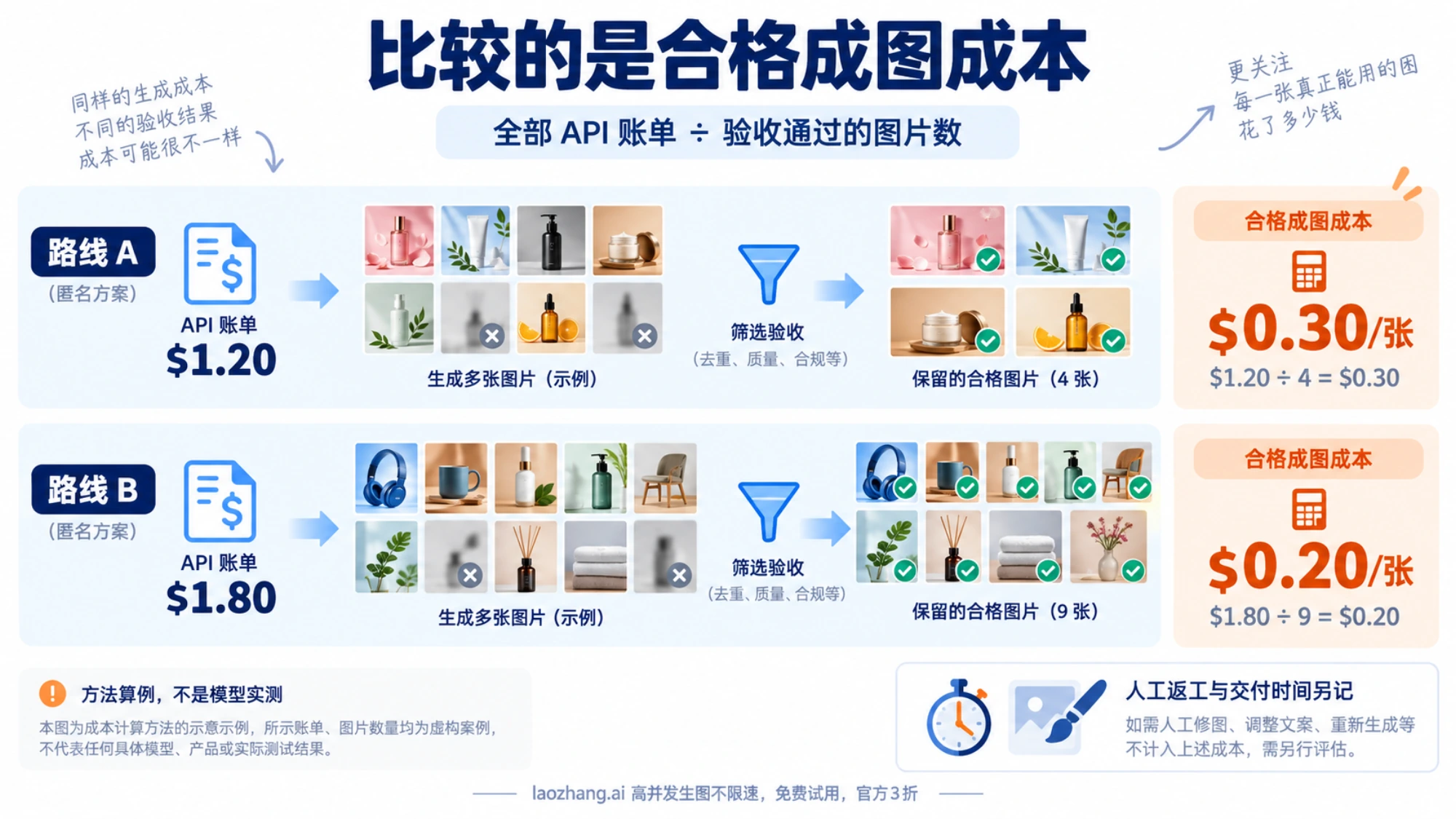 两条匿名路线从 API 账单与合格图片数计算单图成本的示意