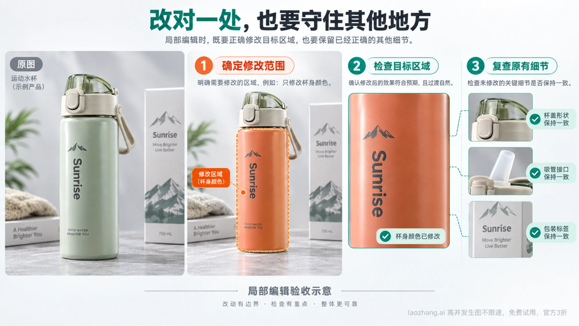运动水杯局部改色与原有产品细节的验收示意