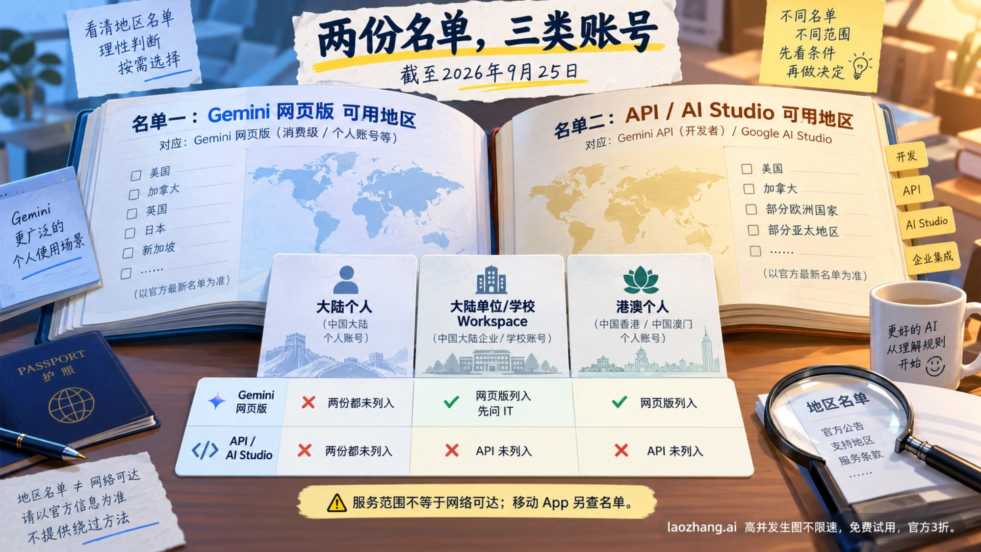 两本地区名册与三类账号卡对照 Gemini 网页版和 API 的服务范围
