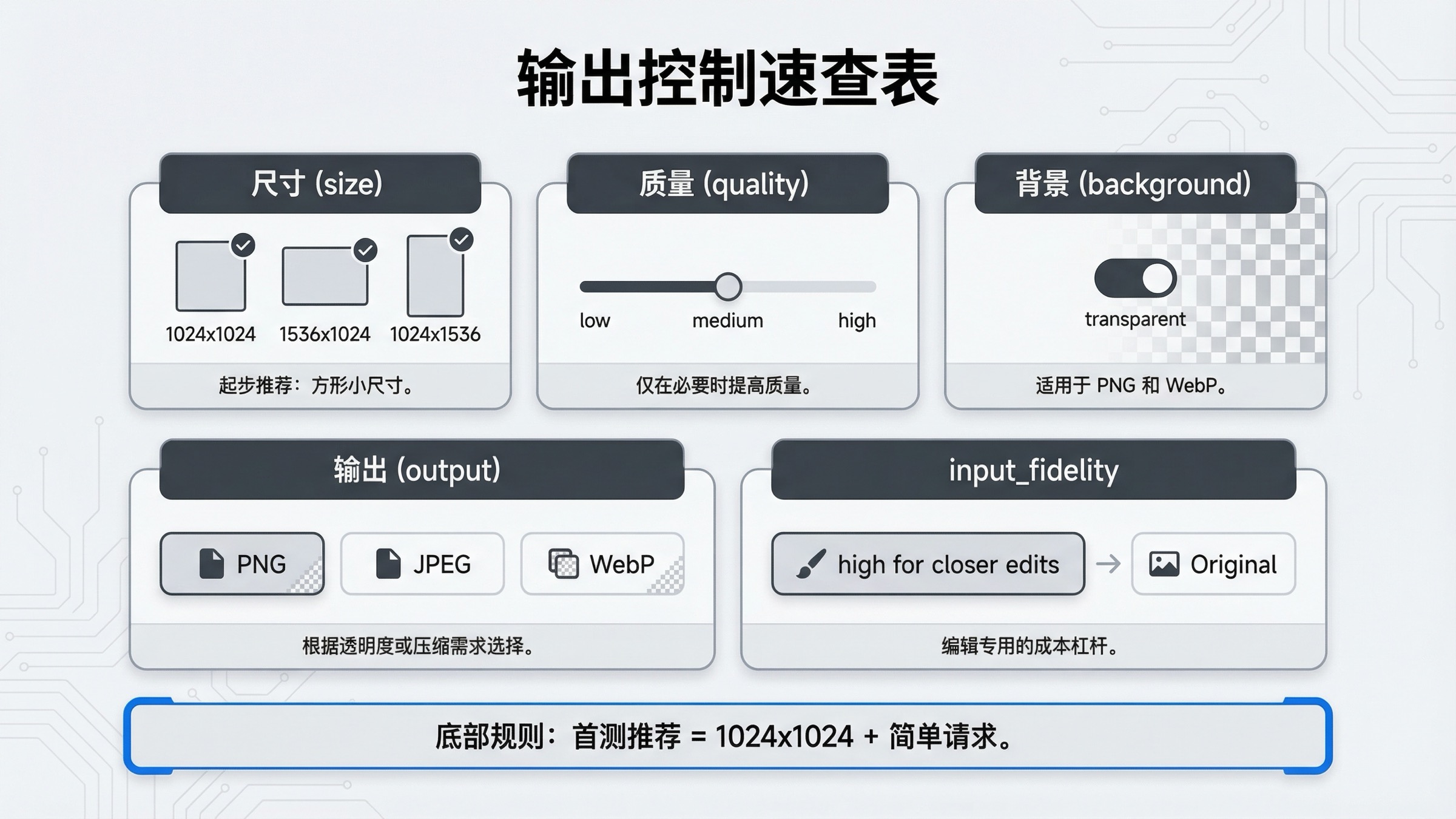 OpenAI 图片输出控制速查图,展示模型选择、尺寸、质量、背景、输出格式、压缩和编辑保真度