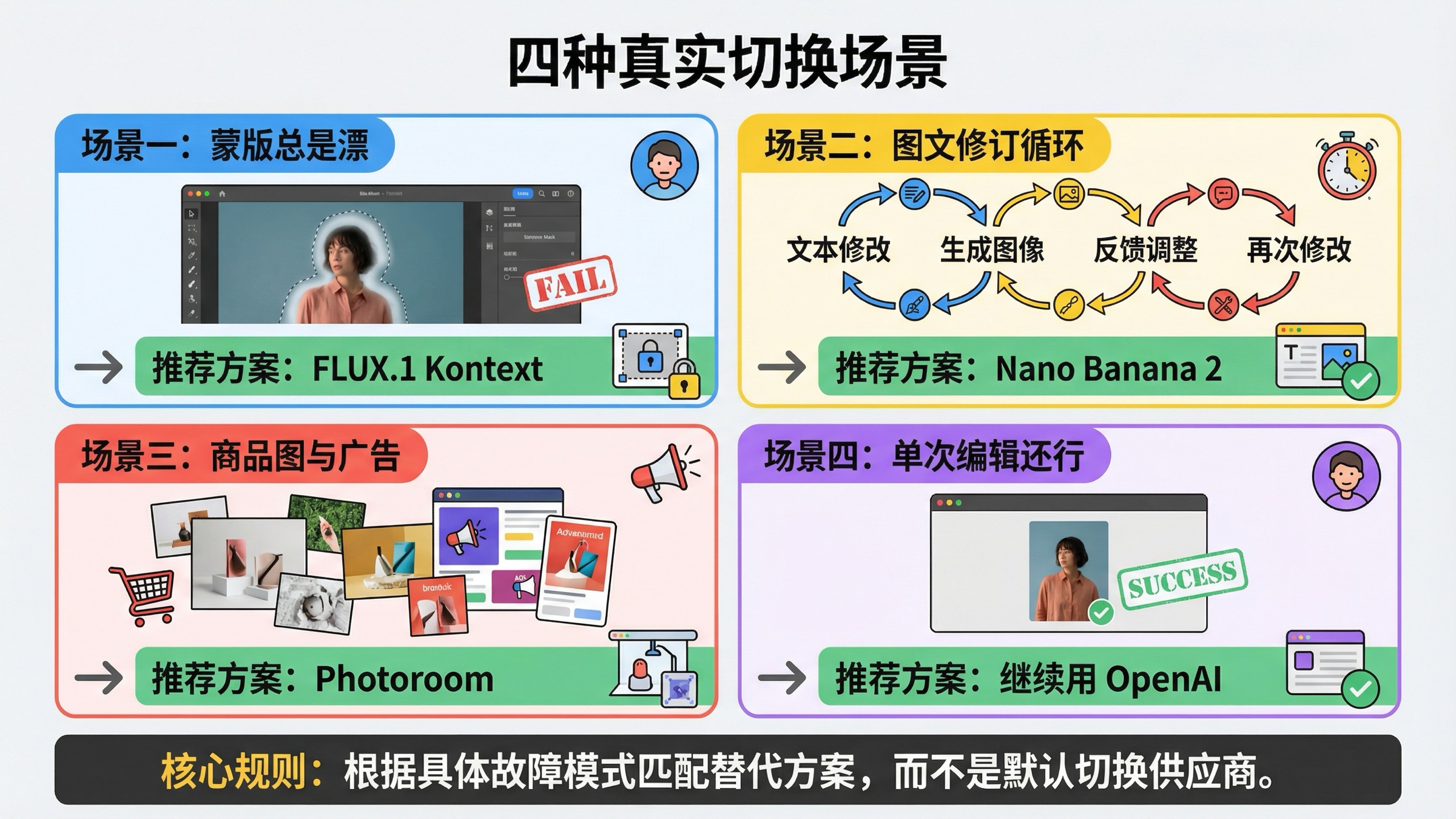 场景板展示四种常见的 OpenAI 图片编辑场景，以及何时选择 FLUX.1 Kontext、Nano Banana 2、Photoroom 或 OpenAI