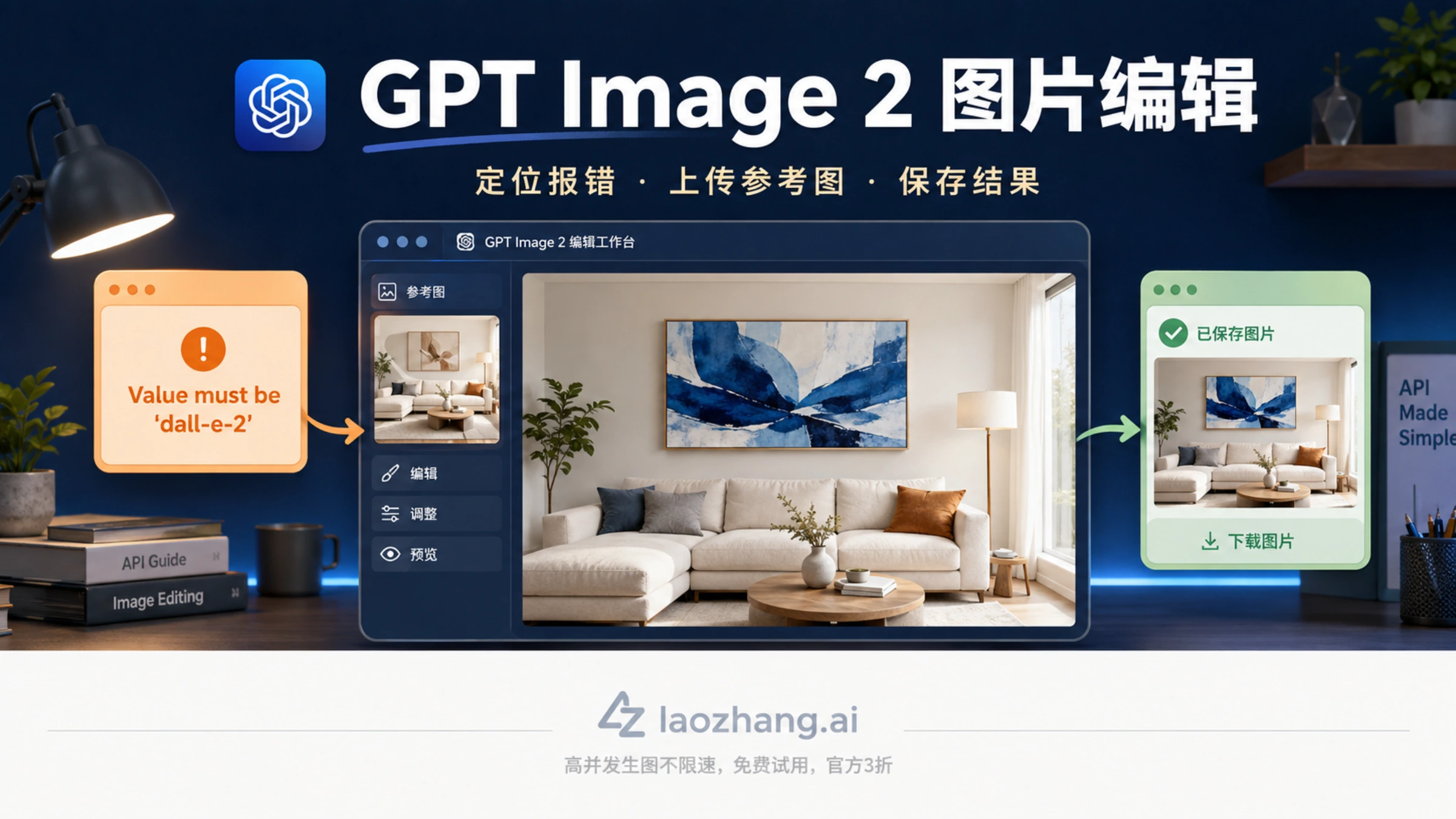 GPT Image 2 图片编辑工作台，展示报错提示、客厅挂画修改与保存结果