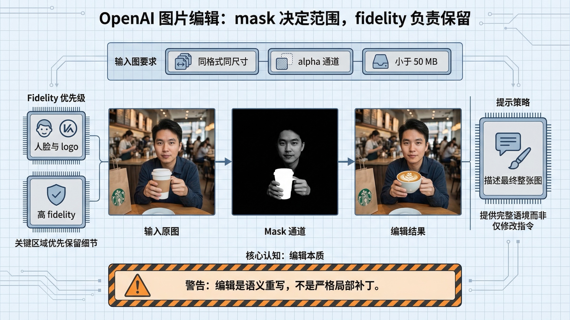 展示 mask 要求、preservation 规则和语义级重写警告的 mask 与 input fidelity 说明图